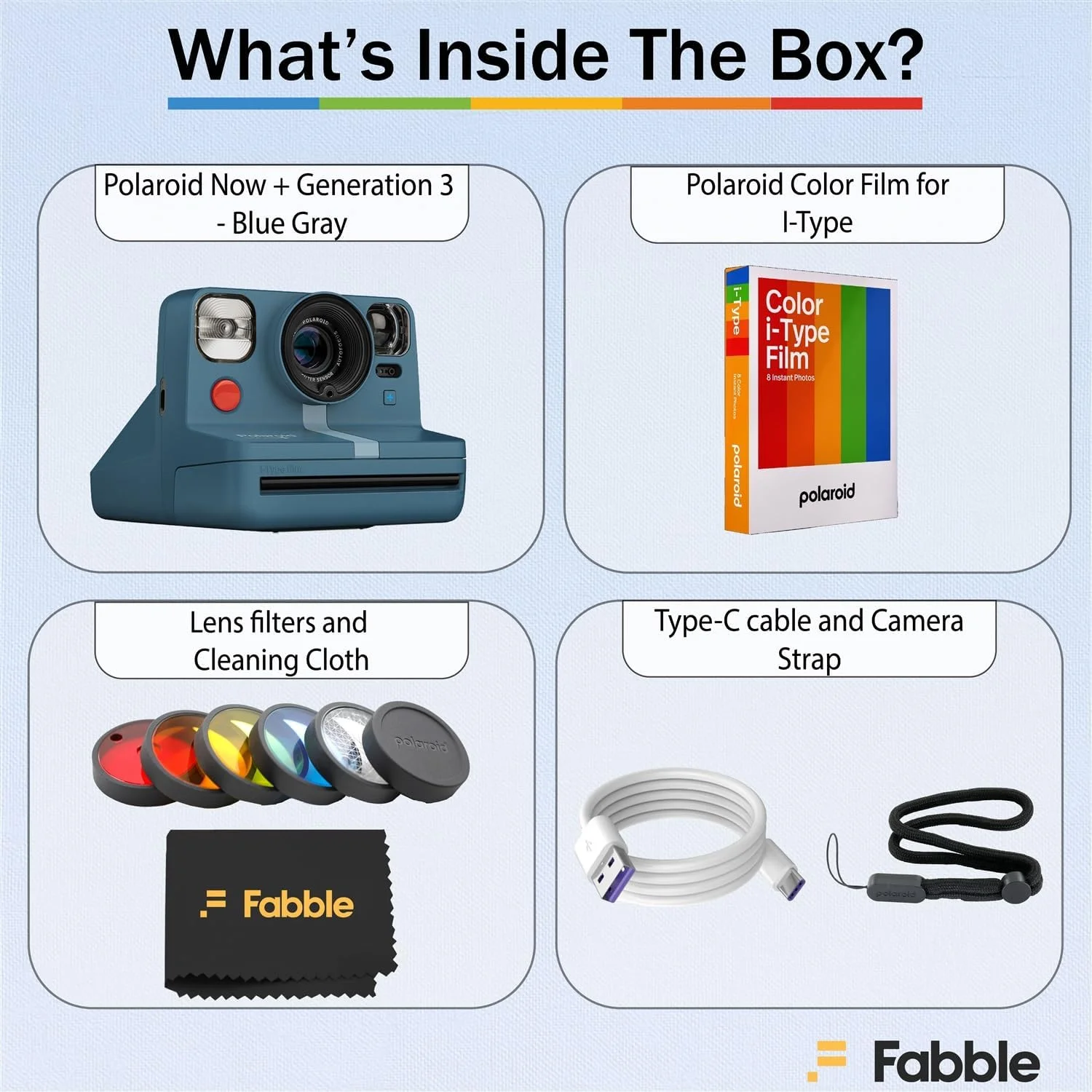 دوربین چاپ سریع پولاروید Now+ خاکستری-آبی به همراه فیلم رنگی i-Type و دستمال تمیز کننده میکروفایبر – حالت های خلاقانه بلوتوثی، فیلترها، فوکوس خودکار دوگانه