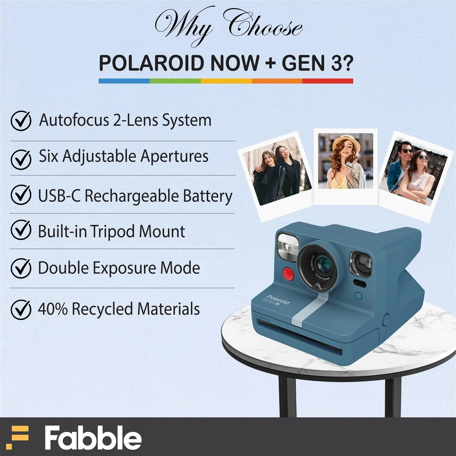 دوربین چاپ سریع پولاروید Now+ خاکستری-آبی به همراه فیلم رنگی i-Type و دستمال تمیز کننده میکروفایبر – حالت های خلاقانه بلوتوثی، فیلترها، فوکوس خودکار دوگانه