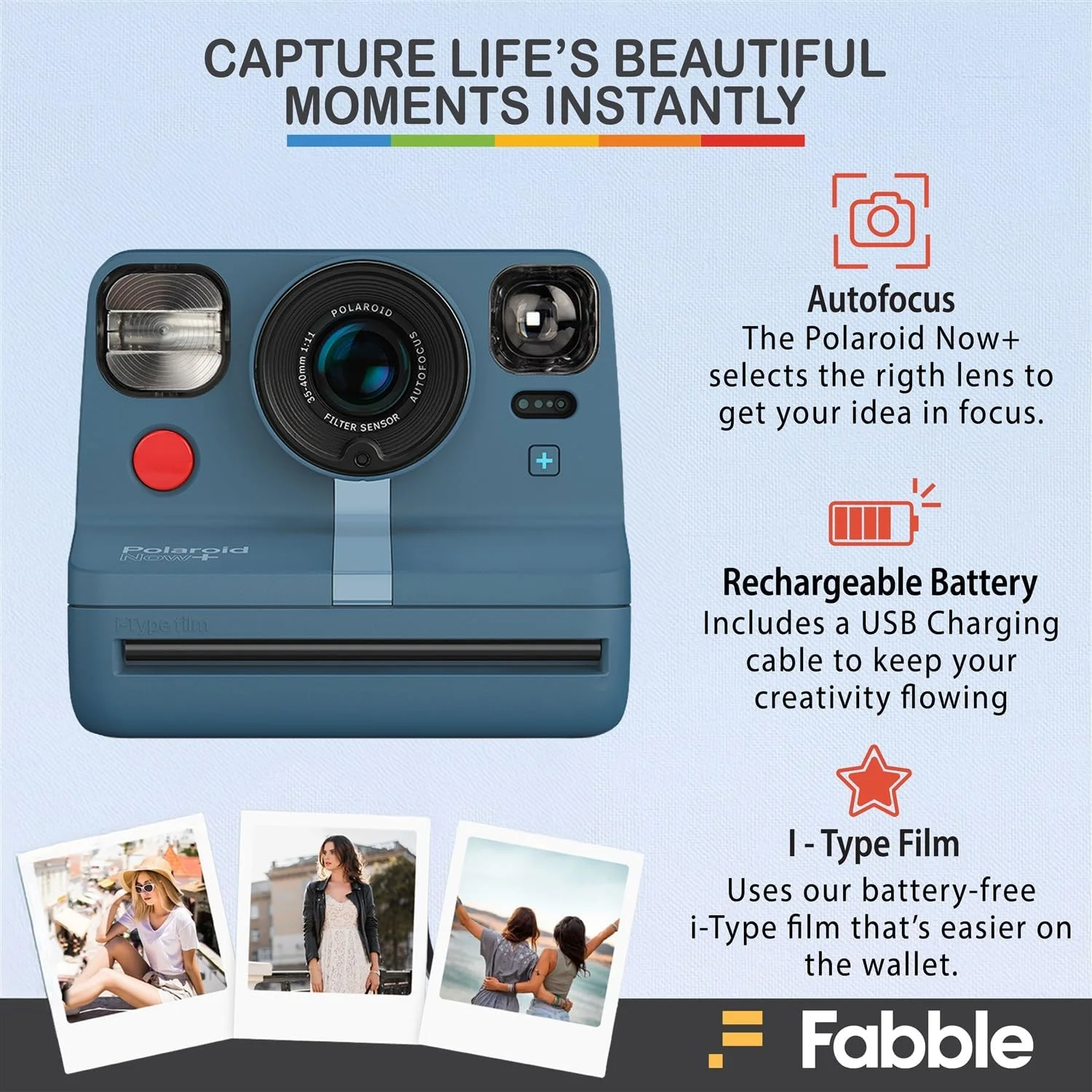 دوربین چاپ سریع پولاروید Now+ خاکستری-آبی به همراه فیلم رنگی i-Type و دستمال تمیز کننده میکروفایبر – حالت های خلاقانه بلوتوثی، فیلترها، فوکوس خودکار دوگانه