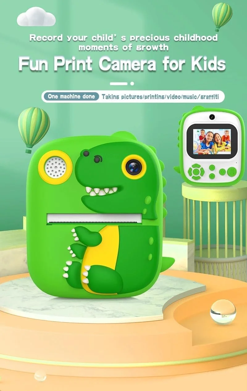 دوربین چاپ فوری کودکانه مدل P3 مناسب کودکان 3 سال به بالا، دارای دوربین جلو و عقب، صفحه نمایش 2.4 اینچی، فیلمبرداری 1080P و کارت حافظه 32 گیگابایتی - طرح دایناسور تی-رکس (سبز ملایم) دوربین چاپ فوری کودکانه مدل P3 مناسب کودکان 3 سال به بالا، دارای دوربین جلو و عقب، صفحه نمایش 2.4 اینچی، فیلمبرداری 1080P و کارت حافظه 32 گیگابایتی - طرح دایناسور تی-رکس (سبز ملایم)