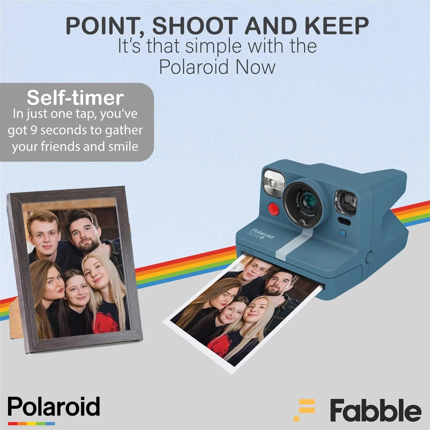 دوربین چاپ سریع پولاروید Now+ خاکستری-آبی به همراه فیلم رنگی i-Type و دستمال تمیز کننده میکروفایبر – حالت های خلاقانه بلوتوثی، فیلترها، فوکوس خودکار دوگانه