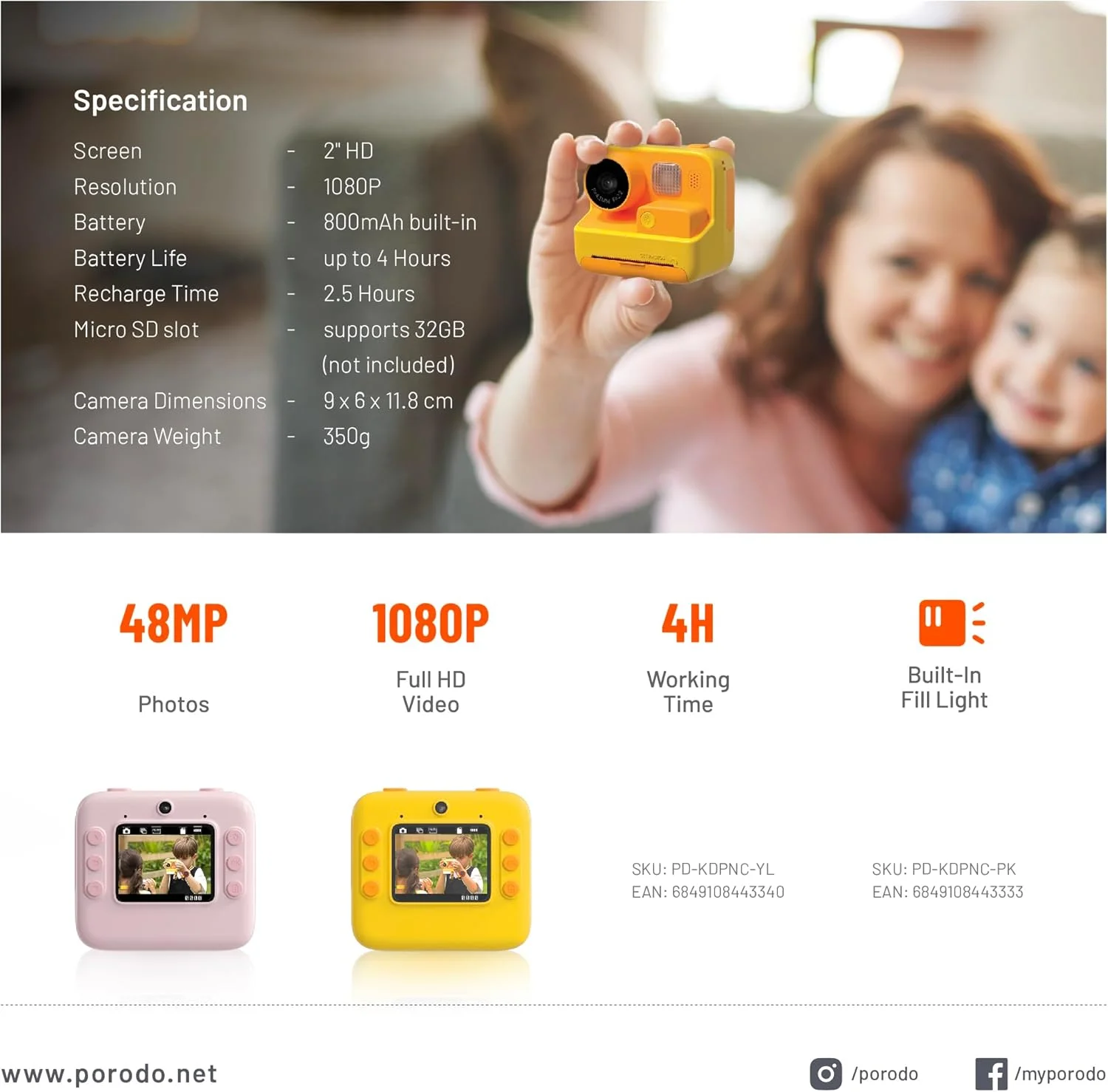 دوربین چاپ فوری حرارتی کودکانه Porodo: عمر باتری تا 4 ساعت، باتری داخلی 800 میلی آمپر ساعت، 4 ساعت زمان کارکرد، رزولوشن 1080P، دارای نور پرکننده داخلی، صفحه نمایش 2.0 اینچی HD، عکس های 48 مگاپیکسلی - صورتی