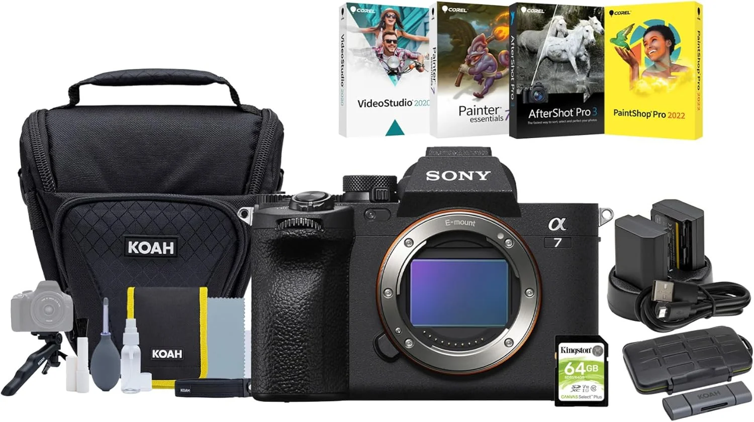 دوربین عکاسی سونی آلفا 7 IV فول فریم بدون آینه (فقط بدنه) همراه با باتری و شارژر دوتایی (2 عدد)، کیف دوربین، مجموعه نرم افزاری، کارت حافظه و جعبه نگهداری (6 قلم)