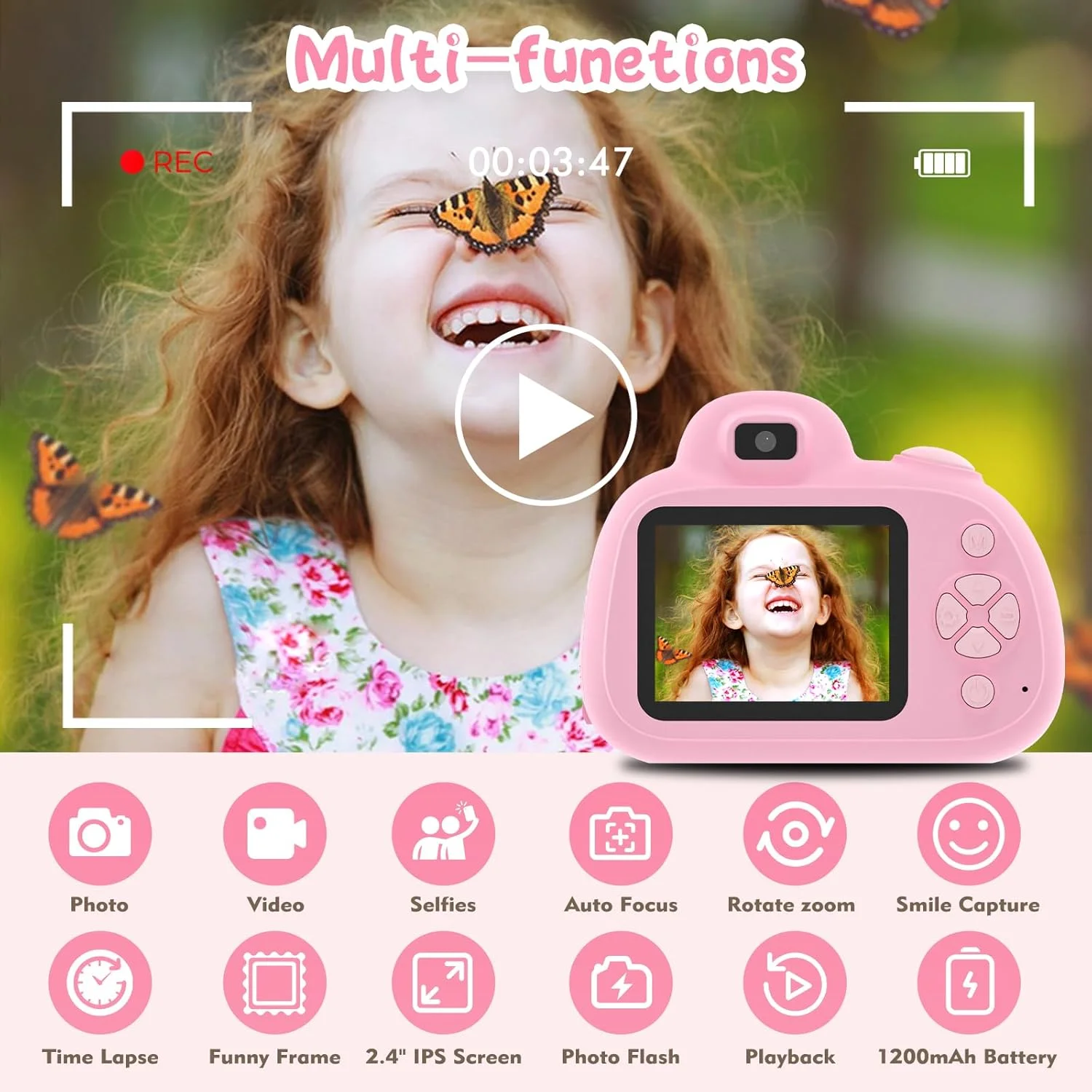 دوربین کودکان، دوربین دیجیتال برای پسران و دختران 3 تا 10 سال، دوربین فیلمبرداری دیجیتال 28 مگاپیکسلی با سلفی، هدیه تولد، اسباب بازی برای کودکان، کارت SD 32 گیگابایتی (صورتی)