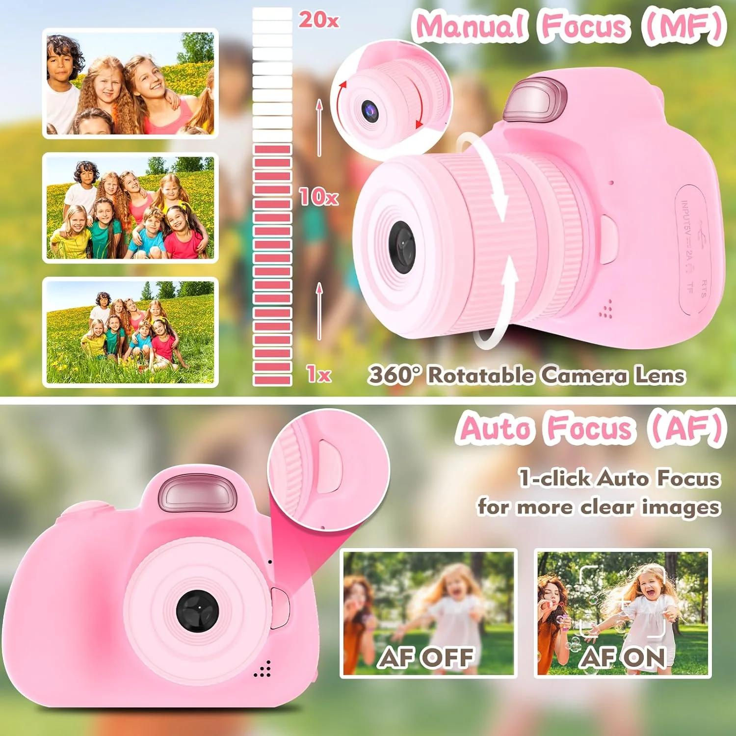 دوربین کودکان، دوربین دیجیتال برای پسران و دختران 3 تا 10 سال، دوربین فیلمبرداری دیجیتال 28 مگاپیکسلی با سلفی، هدیه تولد، اسباب بازی برای کودکان، کارت SD 32 گیگابایتی (صورتی)