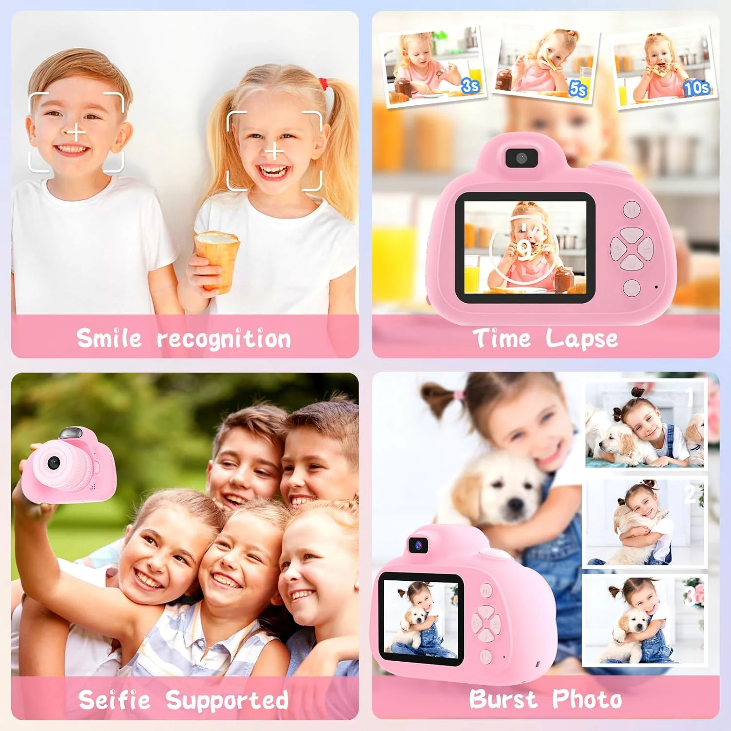 دوربین کودکان، دوربین دیجیتال برای پسران و دختران 3 تا 10 سال، دوربین فیلمبرداری دیجیتال 28 مگاپیکسلی با سلفی، هدیه تولد، اسباب بازی برای کودکان، کارت SD 32 گیگابایتی (صورتی)