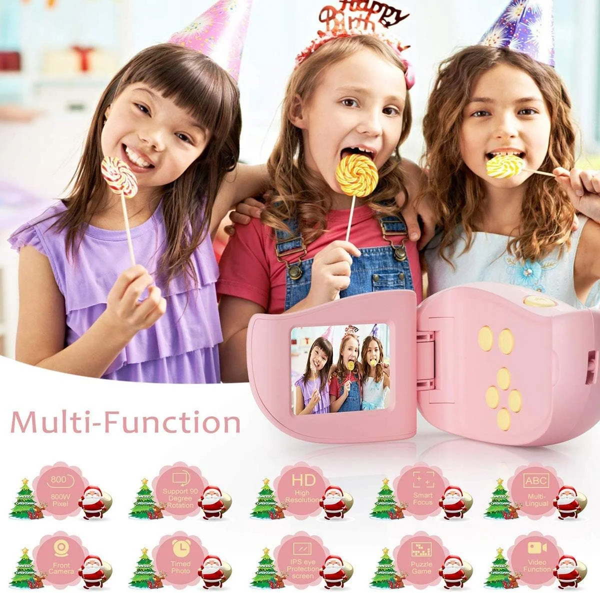 دوربین دیجیتال هوشمند کودکانه GYNFJK، دوربین سلفی مینی SLR HD قابل شارژ برای پسران و دختران، دوربین فیلمبرداری قابل حمل (شامل کارت SD 16 گیگابایتی)، صورتی