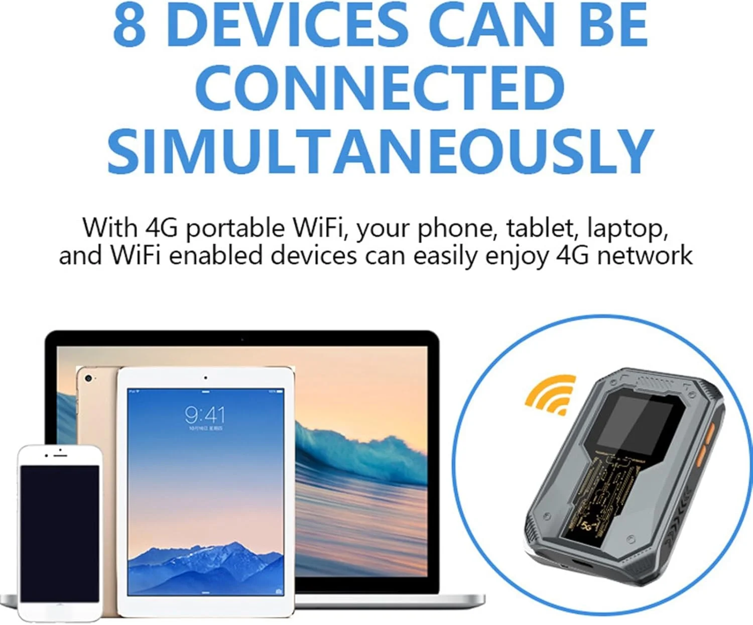 مودم وای فای همراه 4G اشاتا، روتر قابل حمل با نمایشگر زمان، سرعت 300 مگابیت بر ثانیه، اتصال 8 دستگاه، با باتری 4000 میلی آمپر ساعتی برای سفر کاری و استفاده در فضای باز