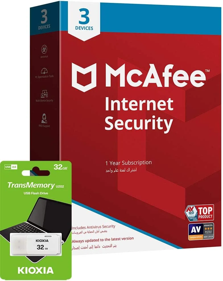 McAfee Internet Security | 3 دستگاه | 1 سال | فلش مموری 32 گیگابایتی Kioxia رایگان
