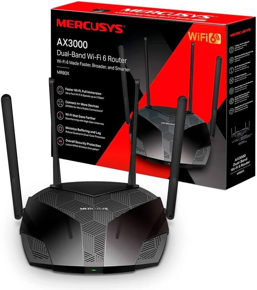روتر وای فای 6 مرکوسیس TP-Link مدل MR80X، AX3000 دو بانده، پردازنده دو هسته ای Qualcomm، دارای 4 پورت گیگابیتی، راه اندازی آسان از طریق برنامه