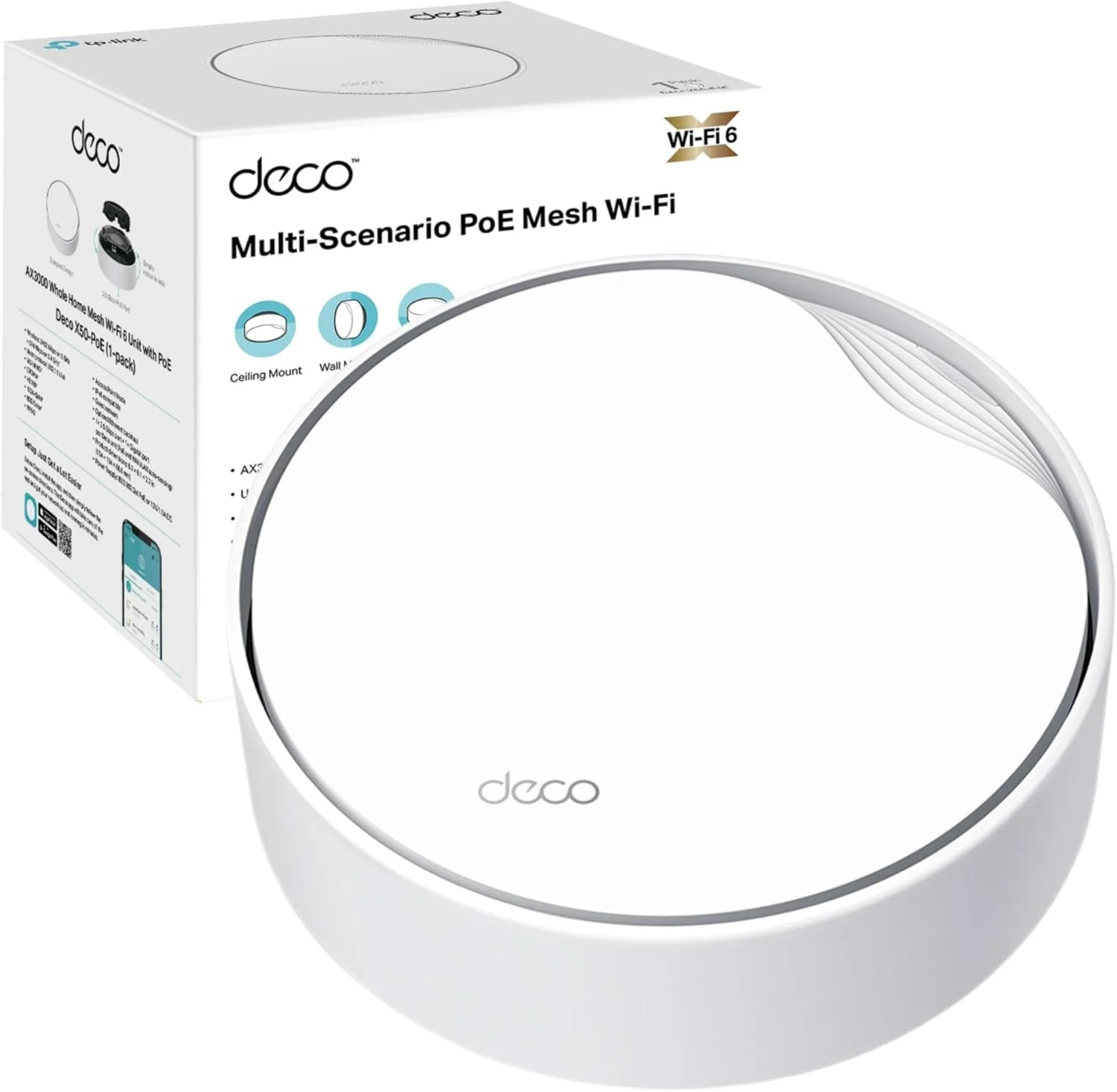 TP-Link Deco X50-PoE AX3000 وای فای 6 کل خانه با PoE، دو بانده، افزودن یک واحد تکی برای تمام بسته های مش Deco وای فای 7/6/5 برای نیاز به پوشش گسترده، امنیت HomeShield، کار با الکسا