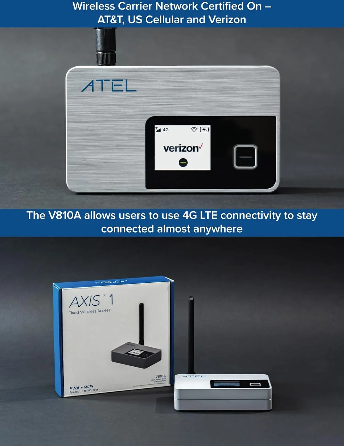 روتر دسترسی ثابت 4G LTE مدل ATEL V810A به همراه باتری و آنتن | LTE Cat-4 | سرعت دانلود 150 مگابیت بر ثانیه | سرعت آپلود 50 مگابیت بر ثانیه | اتصال تا 15 دستگاه | سازگار با شبکه Verizon