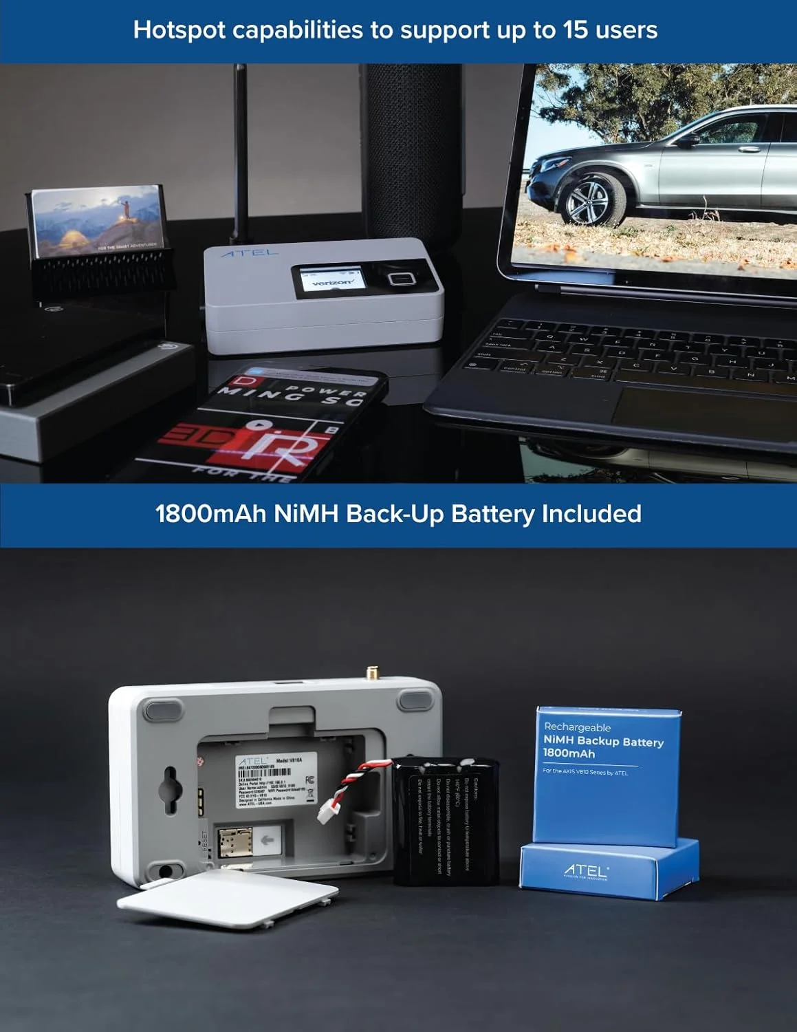 روتر دسترسی ثابت 4G LTE مدل ATEL V810A به همراه باتری و آنتن | LTE Cat-4 | سرعت دانلود 150 مگابیت بر ثانیه | سرعت آپلود 50 مگابیت بر ثانیه | اتصال تا 15 دستگاه | سازگار با شبکه Verizon