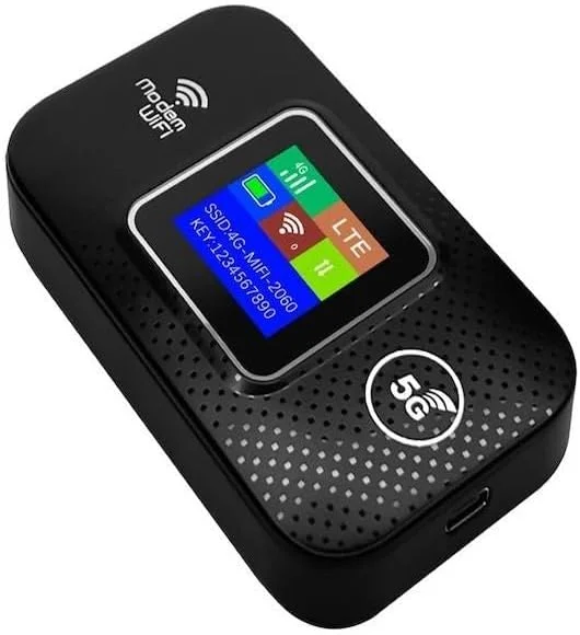 مودم وای فای بی سیم 5G LTE پرو، روتر هات اسپات موبایل قابل حمل، مشکی، سرعت دانلود 150 مگابیت بر ثانیه، نمایشگر LCD، USB Type-C، پشتیبانی از 12 دستگاه
