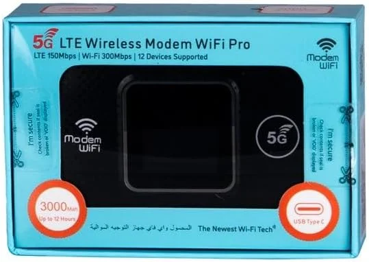 مودم وای فای بی سیم 5G LTE پرو، روتر هات اسپات موبایل قابل حمل، مشکی، سرعت دانلود 150 مگابیت بر ثانیه، نمایشگر LCD، USB Type-C، پشتیبانی از 12 دستگاه مودم وای فای بی سیم 5G LTE پرو، روتر هات اسپات موبایل قابل حمل، مشکی، سرعت دانلود 150 مگابیت بر ثانیه، نمایشگر LCD، USB Type-C، پشتیبانی از 12 دستگاه