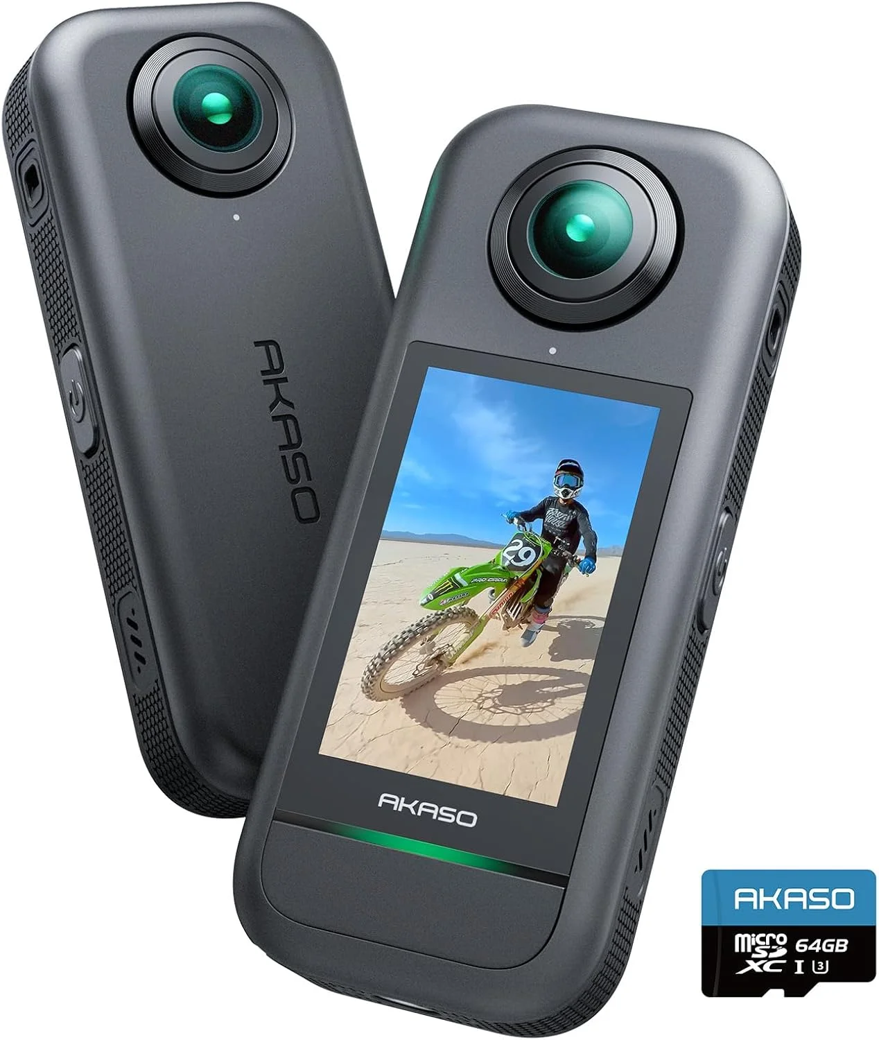 دوربین اکشن 360 درجه AKASO - دوربین اکشن 360 درجه 5.7K 72MP با کارت حافظه 64 گیگابایتی، حسگرهای دوگانه 1/2 اینچی 48 مگاپیکسلی، صفحه نمایش لمسی 2.29 اینچی، جلوه نامرئی مونوپاد، قفل افق 360 درجه و ردیابی هوش مصنوعی