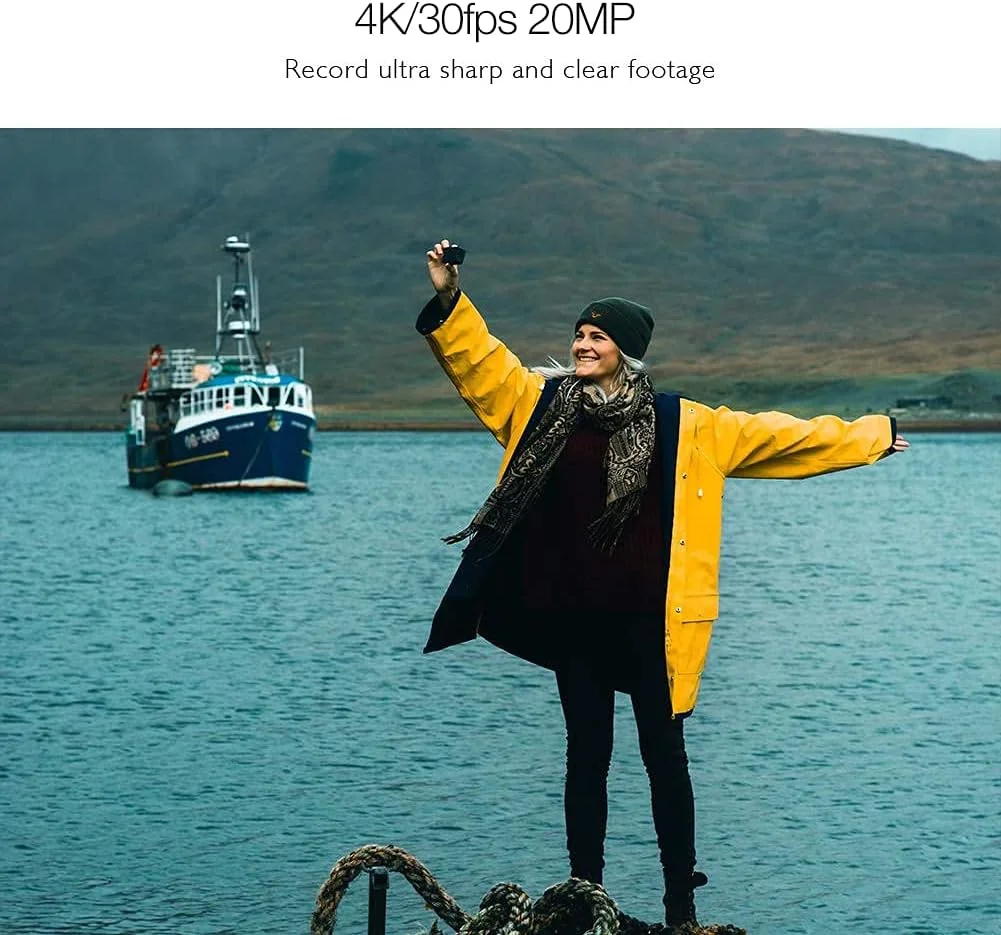 دوربین ورزشی AKASO EK7000 Pro 4K با سرعت 30 فریم بر ثانیه، 20 مگاپیکسل، وای فای، صفحه نمایش لمسی LCD، تثبیت کننده Ultra HD، کنترل از راه دور 2.4G، زاویه قابل تنظیم 170 درجه، دوربین ضد آب 40 متری و 2 باتری