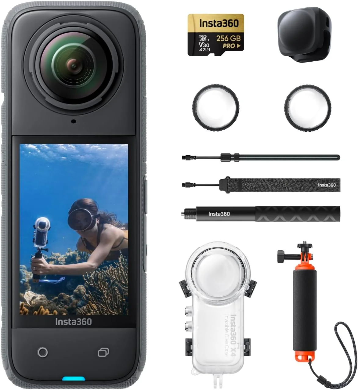 بسته غواصی نامرئی Insta360 X4 - دوربین اکشن 360 ضد آب 8K، ویدئو 4K با زاویه دید عریض، مونوپاد نامرئی، محافظ لنز قابل جابجایی، عمر باتری 135 دقیقه، ویرایش هوش مصنوعی، تثبیت کننده