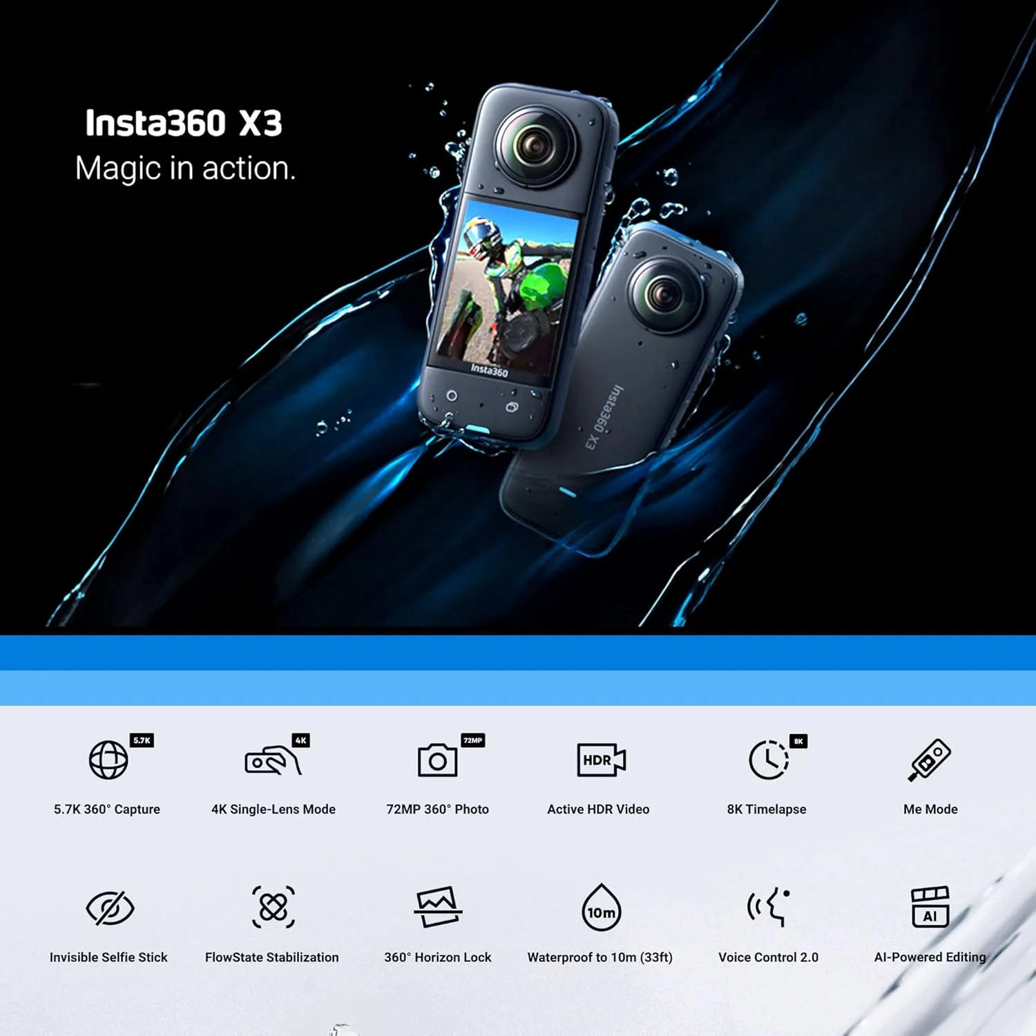 دوربین اکشن 360 درجه ضد آب اینستا 360 X3 با حسگرهای 48 مگاپیکسلی 1/2 اینچی، ویدیوی HDR فعال 5.7K، عکس 72 مگاپیکسلی، تک لنز 4K + کارت حافظه 64 گیگابایتی، مونوپاد دستی، پارچه Photo4less - مشکی دوربین اکشن 360 درجه ضد آب اینستا 360 X3 با حسگرهای 48 مگاپیکسلی 1/2 اینچی، ویدیوی HDR فعال 5.7K، عکس 72 مگاپیکسلی، تک لنز 4K + کارت حافظه 64 گیگابایتی، مونوپاد دستی، پارچه Photo4less - مشکی
