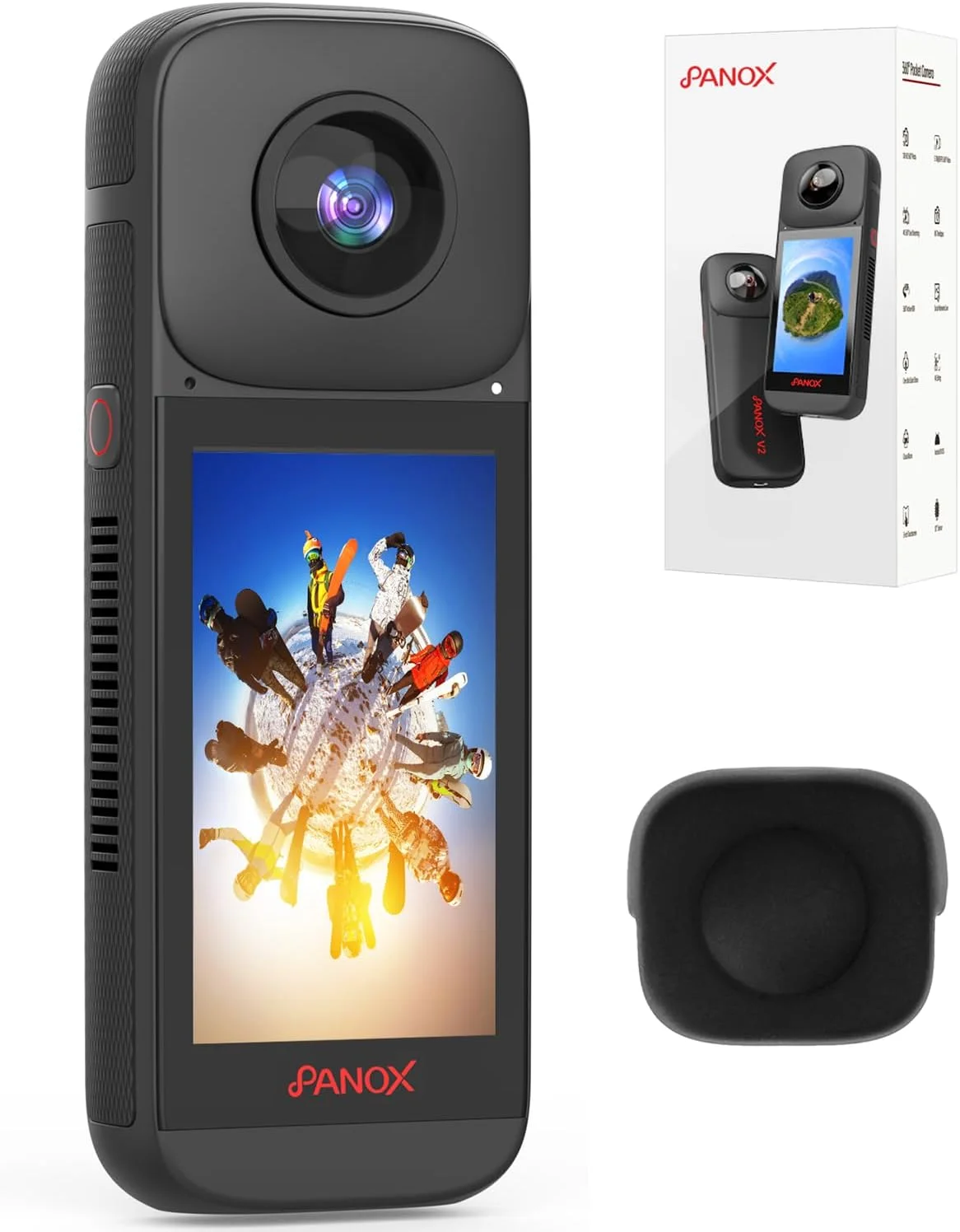 دوربین ۳۶۰ درجه PANOX V2 مناسب ولاگ - ویدیوهای ۵.۷K ۳۶۰ درجه، عکس‌های ۷۲ مگاپیکسلی ۳۶۰ درجه، اشتراک‌گذاری سریع با یک کلیک، پخش زنده 4K، صفحه لمسی ۳.۰ اینچی (۱ * دوربین + ۱ * محافظ)