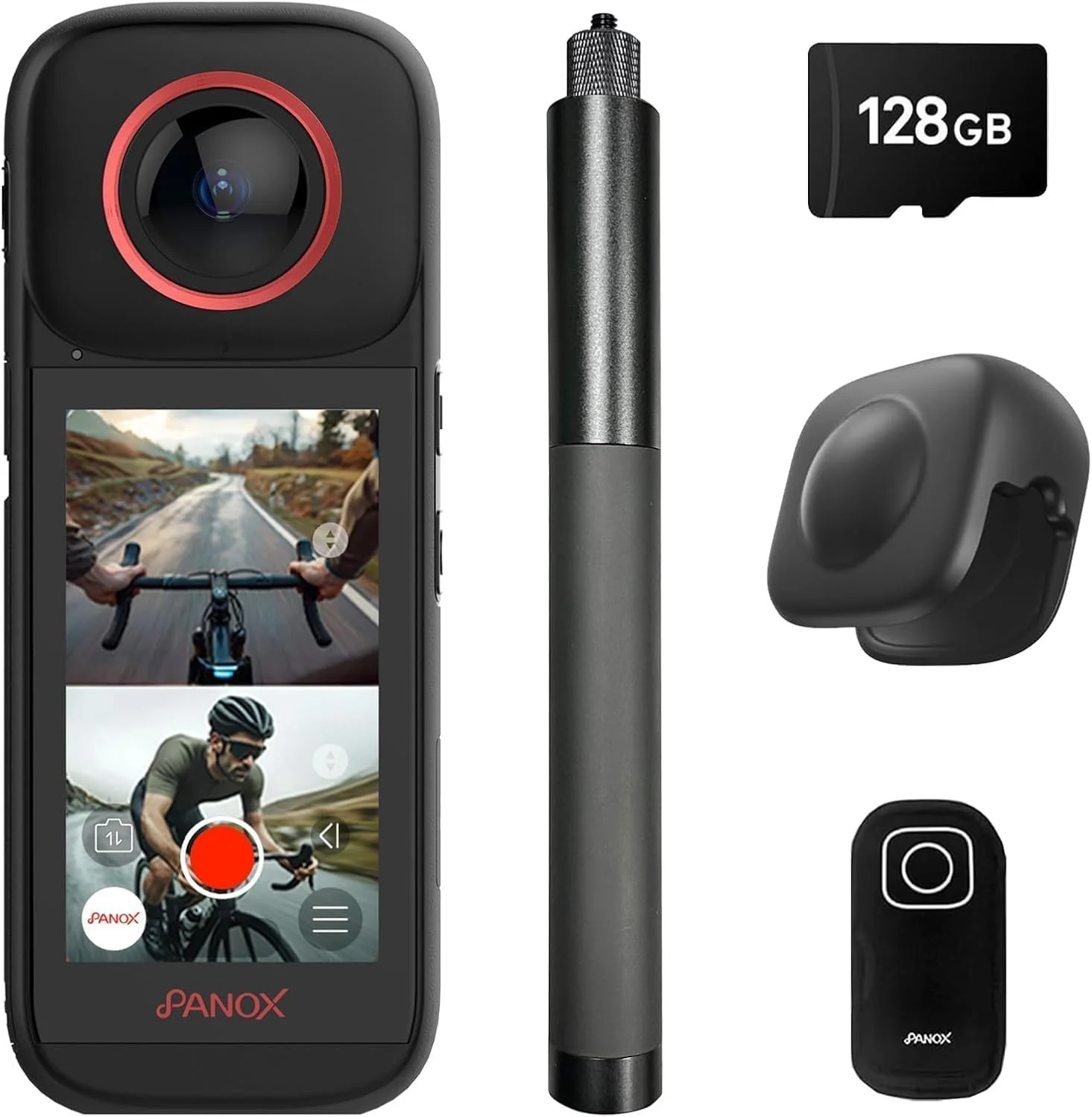دوربین اکشن موتور سیکلت PANOX V3 8k ضد آب 360 WiFi و GPS با قابلیت فیلمبرداری صفحه نمایش دوتایی و ویرایش در دوربین، صفحه نمایش 3 اینچی، مونوپاد نامرئی، محافظ لنز + قاب محافظ، کارت Micro SD برای ورزش و مسافرت
