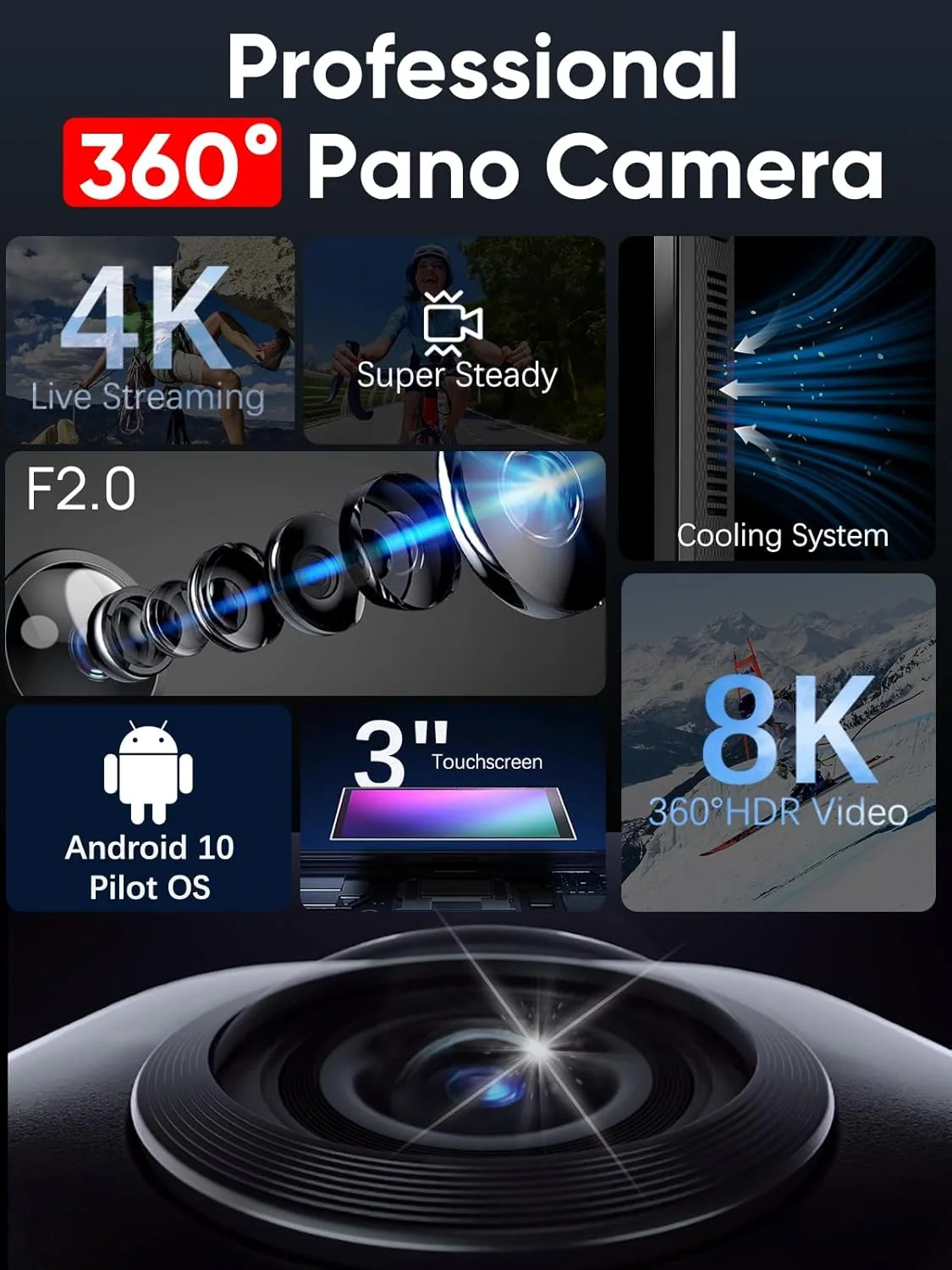 دوربین ۳۶۰ درجه PANOX V2 مناسب ولاگ - ویدیوهای ۵.۷K ۳۶۰ درجه، عکس‌های ۷۲ مگاپیکسلی ۳۶۰ درجه، اشتراک‌گذاری سریع با یک کلیک، پخش زنده 4K، صفحه لمسی ۳.۰ اینچی (۱ * دوربین + ۱ * محافظ)