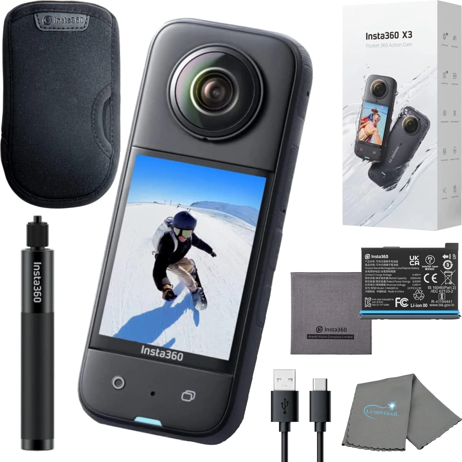 دوربین اکشن 360 درجه ضد آب اینستا 360 X3 با حسگرهای 1/2 اینچی 48 مگاپیکسلی، ویدیوی 5.7K 360 Active HDR، عکس 72 مگاپیکسلی 360، تک لنز 4K، تثبیت کننده تصویر، به همراه کیت مونوپاد و پارچه تمیز کننده