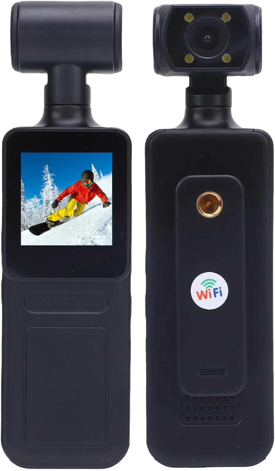 دوربین اکشن 4K با لنز چرخشی، WiFi، زاویه دید گسترده 135 درجه، کنترل از طریق اپلیکیشن، پشتیبانی از حافظه 256 گیگابایتی، گیره پوشیدنی، عمر باتری طولانی، کیف، دوربین دستی