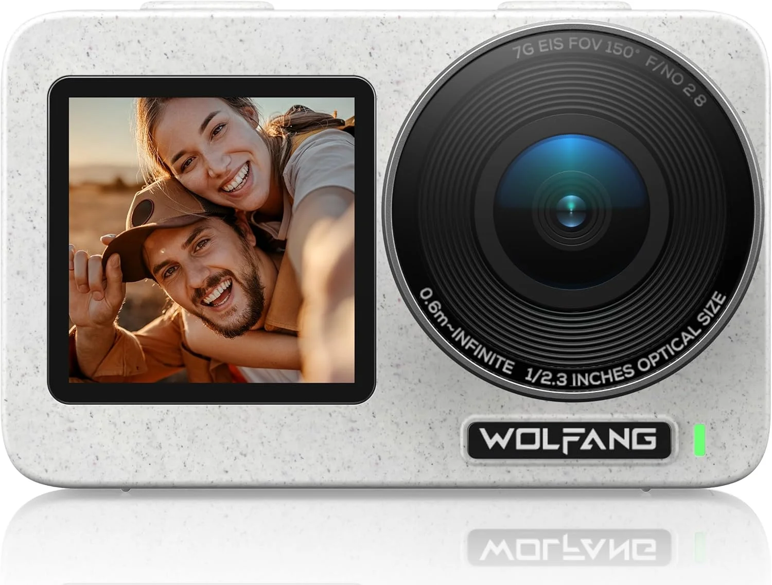 دوربین اکشن ضد آب سفید رنگ WOLFANG Seeker One با کیفیت 4K60 Ultra HD، صفحه نمایش رنگی دوگانه، دوربین زیر آب تا عمق 16 فوت، پخش زنده، وب کم، تثبیت کننده