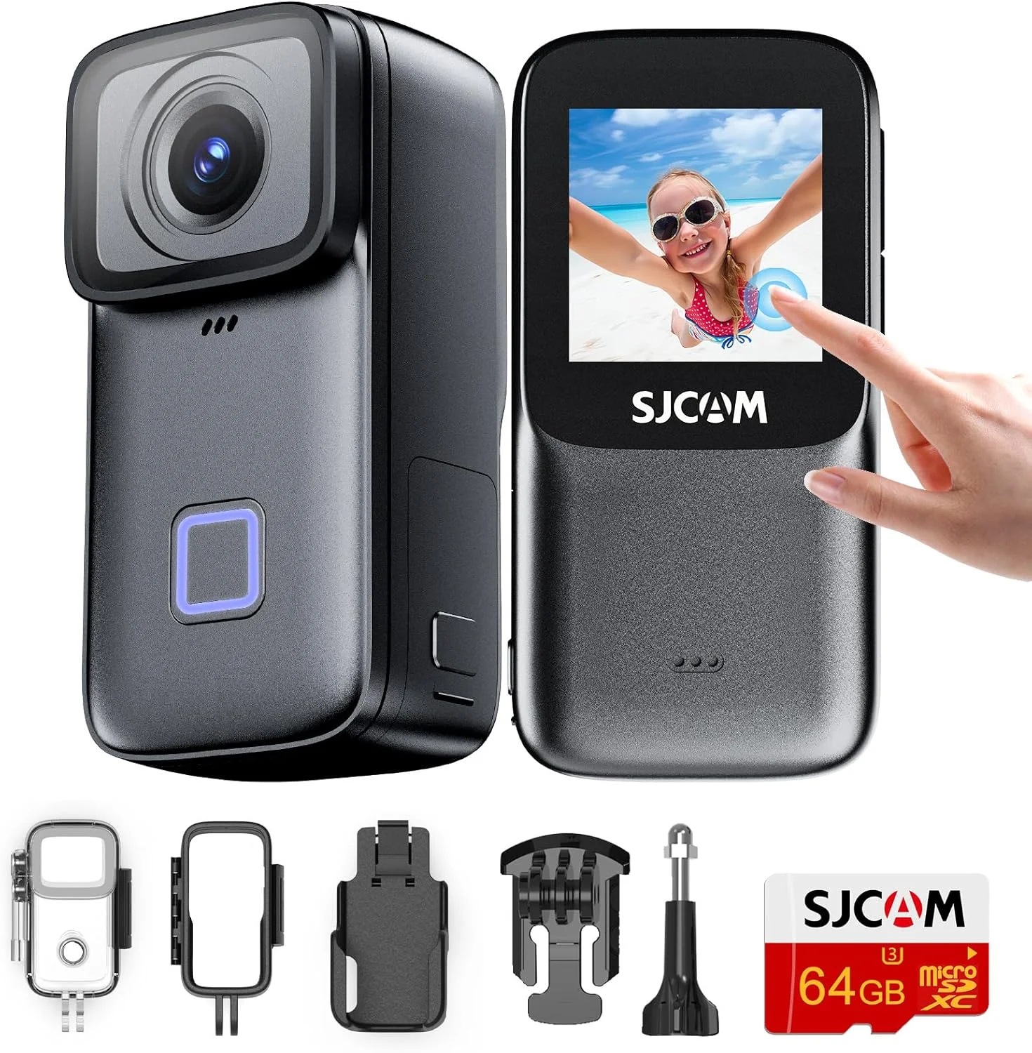 دوربین اکشن کوچک SJCAM C200Pro 4K، دوربین جیبی بدنه، ضد آب، قابل پوشیدن، کوچک و قابل حمل، دارای میکروفون و بلندگوی داخلی برای ولاگینگ، قابل نصب روی کلاه ایمنی و سینه، مشکی