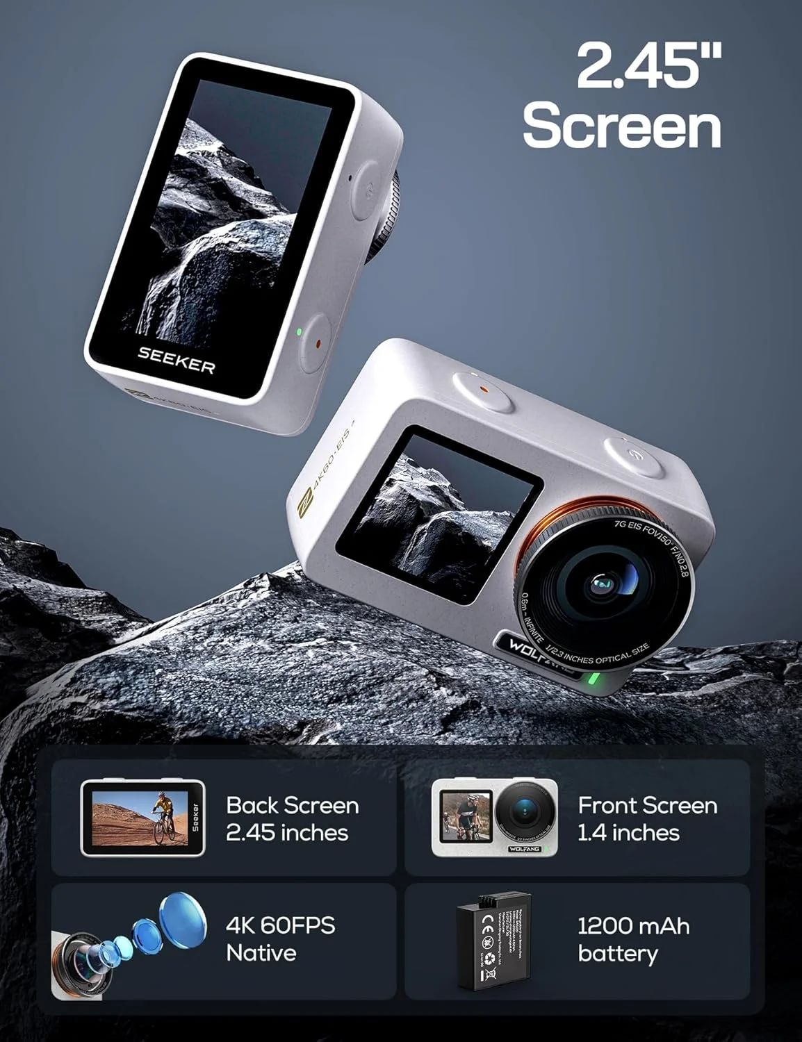 دوربین اکشن ضد آب سفید رنگ WOLFANG Seeker One با کیفیت 4K60 Ultra HD، صفحه نمایش رنگی دوگانه، دوربین زیر آب تا عمق 16 فوت، پخش زنده، وب کم، تثبیت کننده دوربین اکشن ضد آب سفید رنگ WOLFANG Seeker One با کیفیت 4K60 Ultra HD، صفحه نمایش رنگی دوگانه، دوربین زیر آب تا عمق 16 فوت، پخش زنده، وب کم، تثبیت کننده