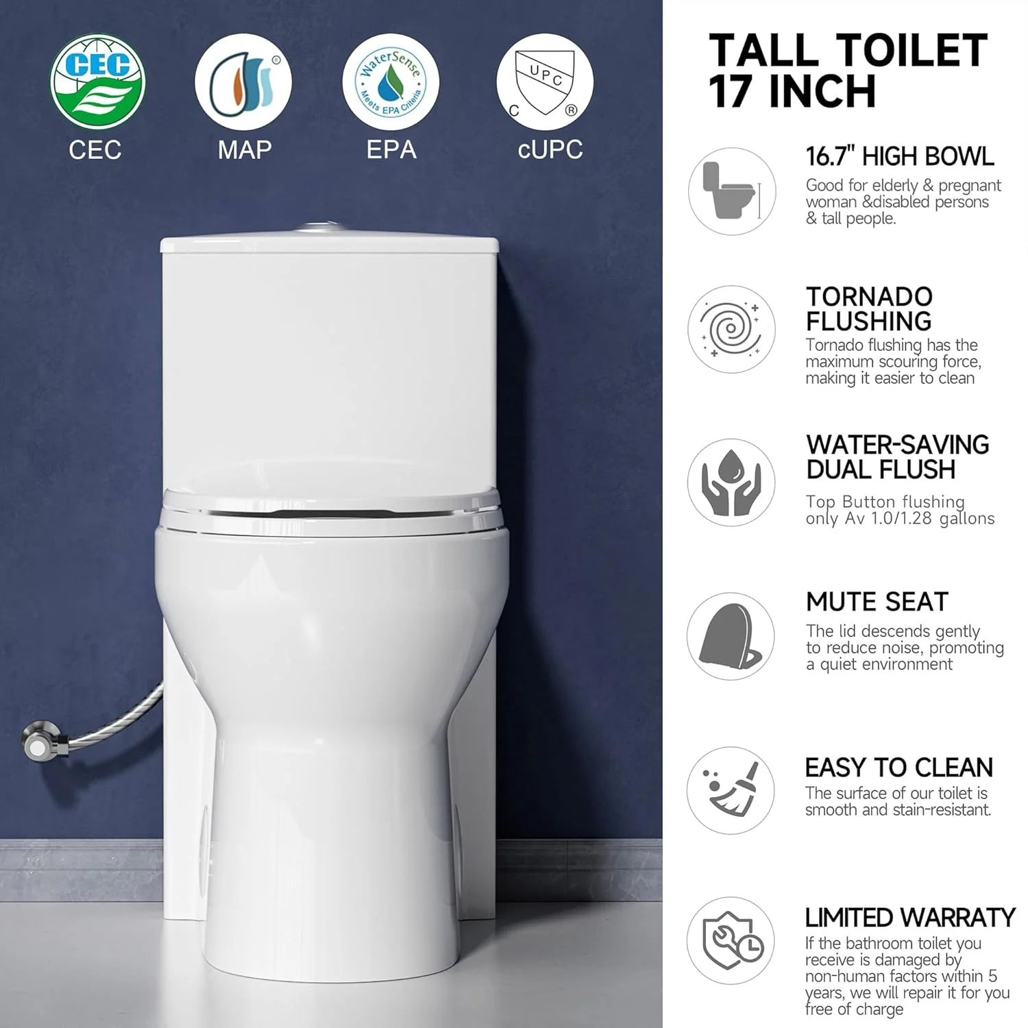 توالت فرنگی بلند 43 سانتیمتری، فلاش گردابی دوگانه با دکمه 3.8/4.8 لیتری، توالت یک تکه ADA، ارتفاع صندلی، ارتفاع کاسه راحت 43 سانتیمتر، ارتفاع نشیمن 45 سانتیمتر، فاصله 30 سانتیمتری از دیوار، رنگ سفید، مناسب برای حمام توالت فرنگی بلند 43 سانتیمتری، فلاش گردابی دوگانه با دکمه 3.8/4.8 لیتری، توالت یک تکه ADA، ارتفاع صندلی، ارتفاع کاسه راحت 43 سانتیمتر، ارتفاع نشیمن 45 سانتیمتر، فاصله 30 سانتیمتری از دیوار، رنگ سفید، مناسب برای حمام