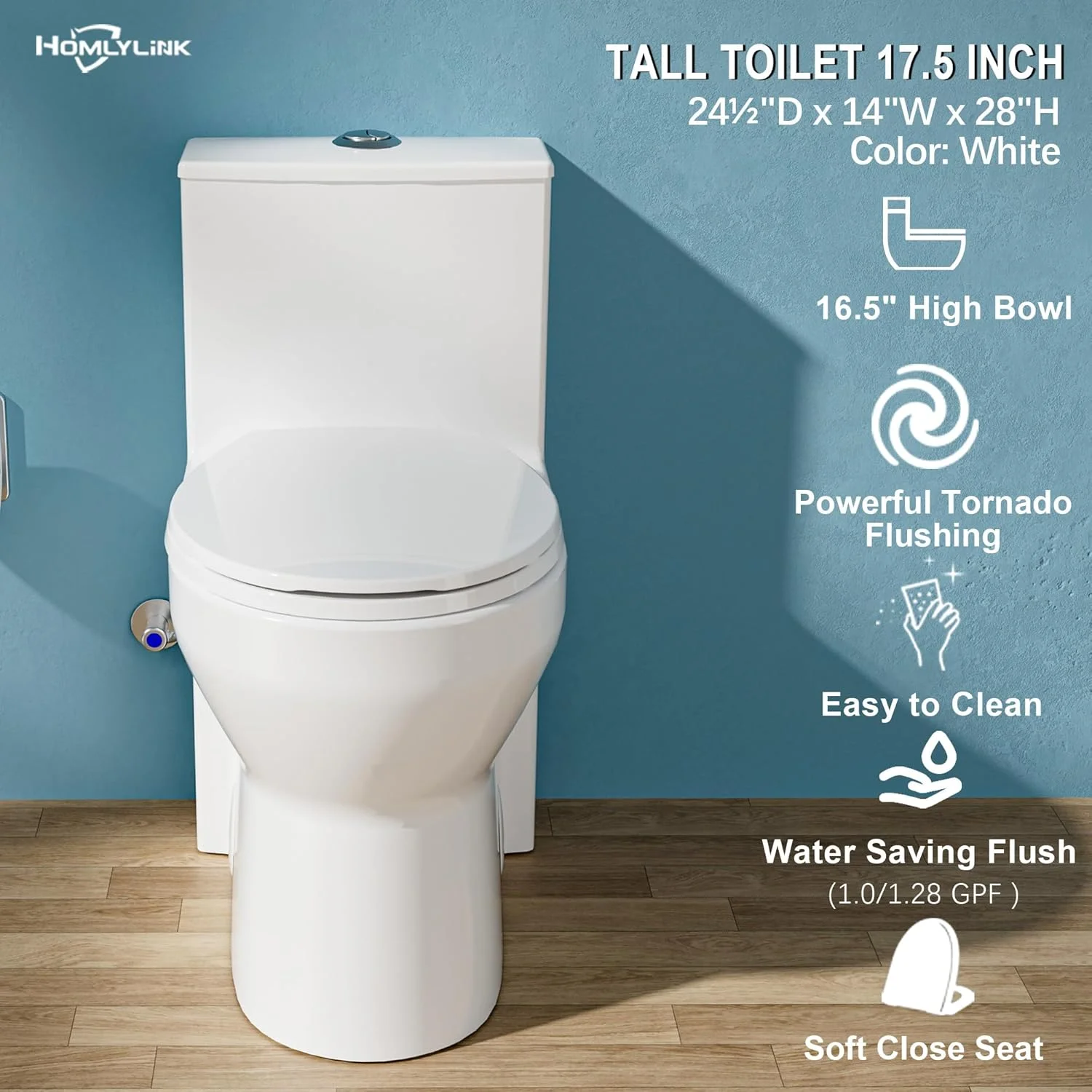 توالت فرنگی بلند ۱۷ اینچی، فلاش گردابی دوگانه با دکمه ۱.۰/۱.۲۸ GPF، توالت یک تکه ADA، ارتفاع صندلی، کاسه راحت با ارتفاع ۱۷ اینچ، ارتفاع نشیمن ۱۸ اینچ، فاصله از دیوار ۱۲ اینچ، رنگ سفید، مناسب برای حمام