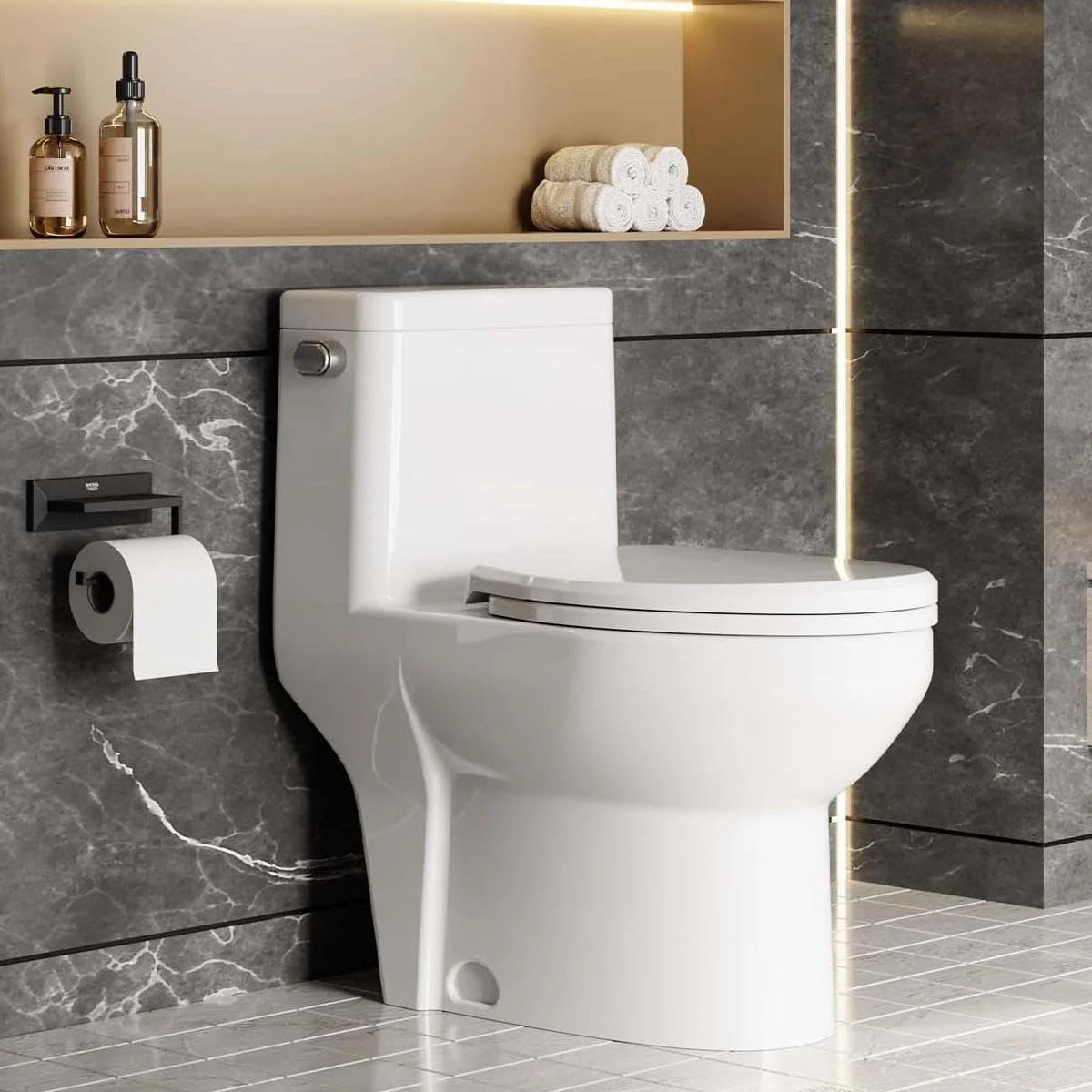 توالت یک تکه کشیده، فلاش از یک طرف، توالت مدرن و بی صدا با اهرم سه گانه سمت چپ و صندلی آرام بند و ارتفاع صندلی راحت برای حمام، سفید توالت یک تکه کشیده، فلاش از یک طرف، توالت مدرن و بی صدا با اهرم سه گانه سمت چپ و صندلی آرام بند و ارتفاع صندلی راحت برای حمام، سفید