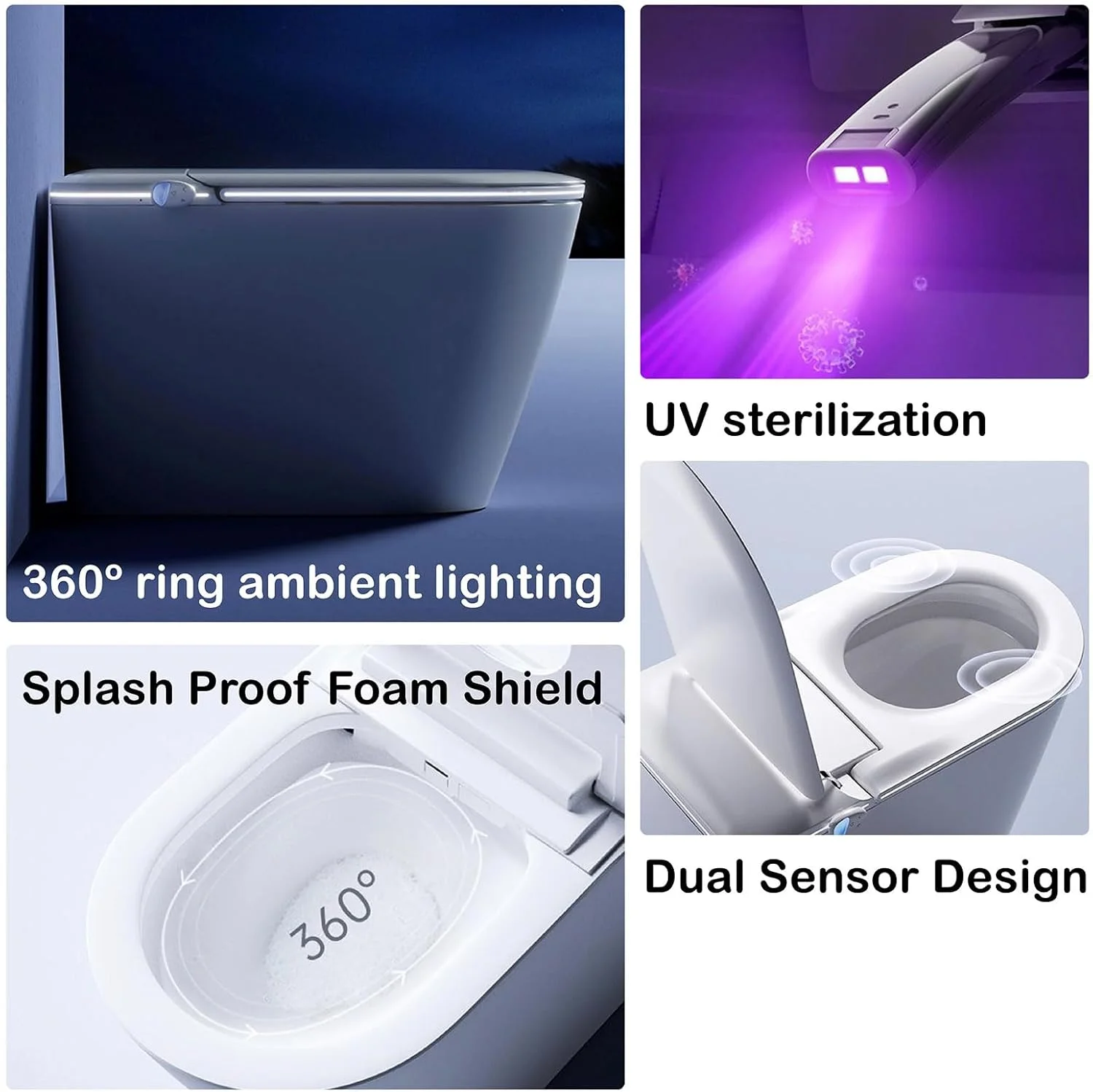 توالت هوشمند، توالت یک تکه با نشیمنگاه خودکار، فلاشینگ اتوماتیک، فلاشینگ با پمپ کمکی، نشیمنگاه گرم شونده، چراغ LED، محافظ فوم متراکم و غیره