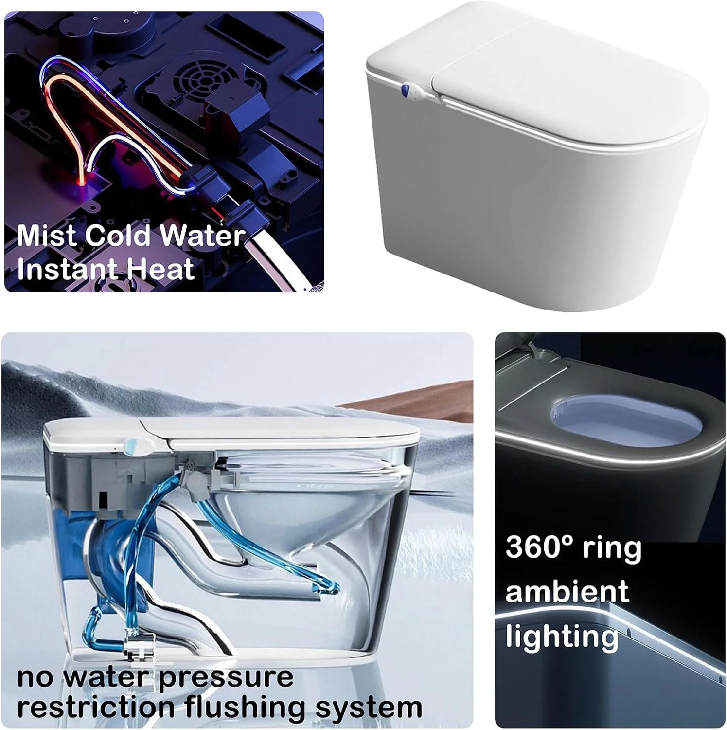 توالت هوشمند، توالت یک تکه با نشیمنگاه خودکار، فلاشینگ اتوماتیک، فلاشینگ با پمپ کمکی، نشیمنگاه گرم شونده، چراغ LED، محافظ فوم متراکم و غیره