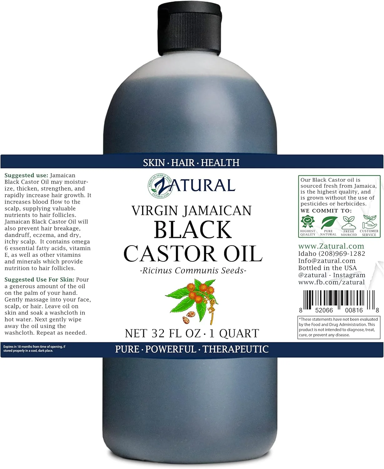 روغن کرچک سیاه جامائیکایی خالص زاتورال - ۹۴۶ میلی لیتر (بدون بو، مناسب برای همه، بزرگسالان)