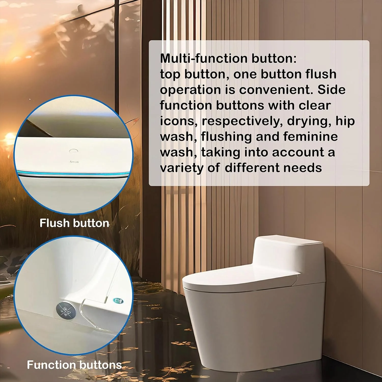 توالت فرنگی هوشمند یک تکه با نشیمنگاه خودکار، فلاشینگ اتوماتیک، سنسور پا، فلاشینگ با پمپ، گرمکن نشیمن، چراغ LED و غیره