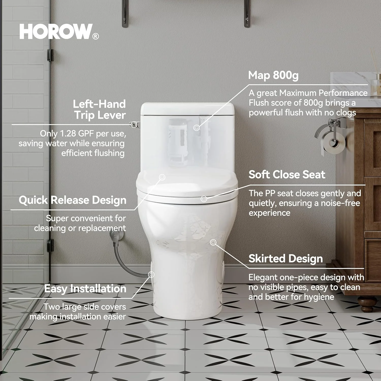 توالت فرنگی یک تکه HOROW، تخلیه 4.8 لیتری با راندمان بالا، طراحی با نظافت آسان، اهرم تخلیه سمت چپ، درب آرام بند، توالت فرنگی مدرن و جمع و جور مناسب حمام، فاصله 30 سانتی متری از دیوار، کاسه سرامیکی سفید