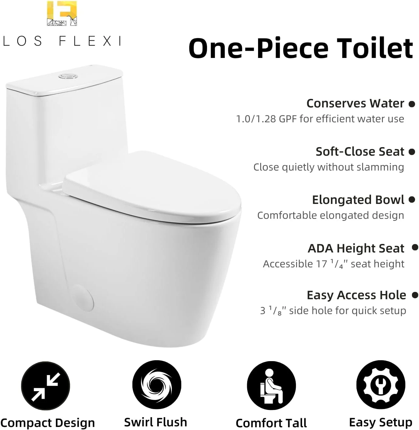 توالت فرنگی یک تکه 17.3 اینچی با طراحی مدرن و فلاش گردابی بدون لبه، مناسب برای حمام، ارتفاع استاندارد ADA، دو زمانه با حجم 1.0/1.28 گالن در هر فلاش، درب آرام بند و لوله 12 اینچی