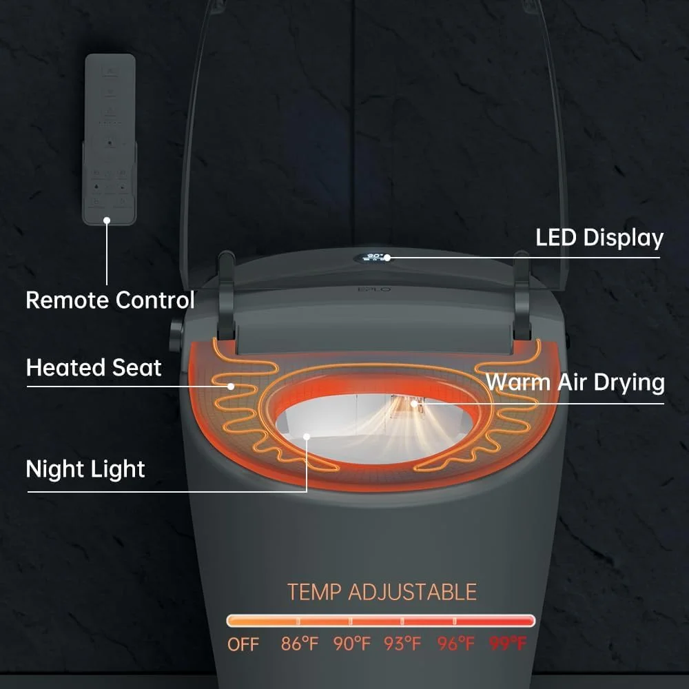 توالت فرنگی هوشمند EPLO با مخزن داخلی، باز و بسته شدن خودکار، سنسور پا، فلاشینگ دوگانه خودکار، صندلی گرم شونده، شستشوی چند منظوره، حالت اقتصادی، نمایشگر LED، توالت یک تکه مدرن و کشیده با چراغ شب 220 ولت