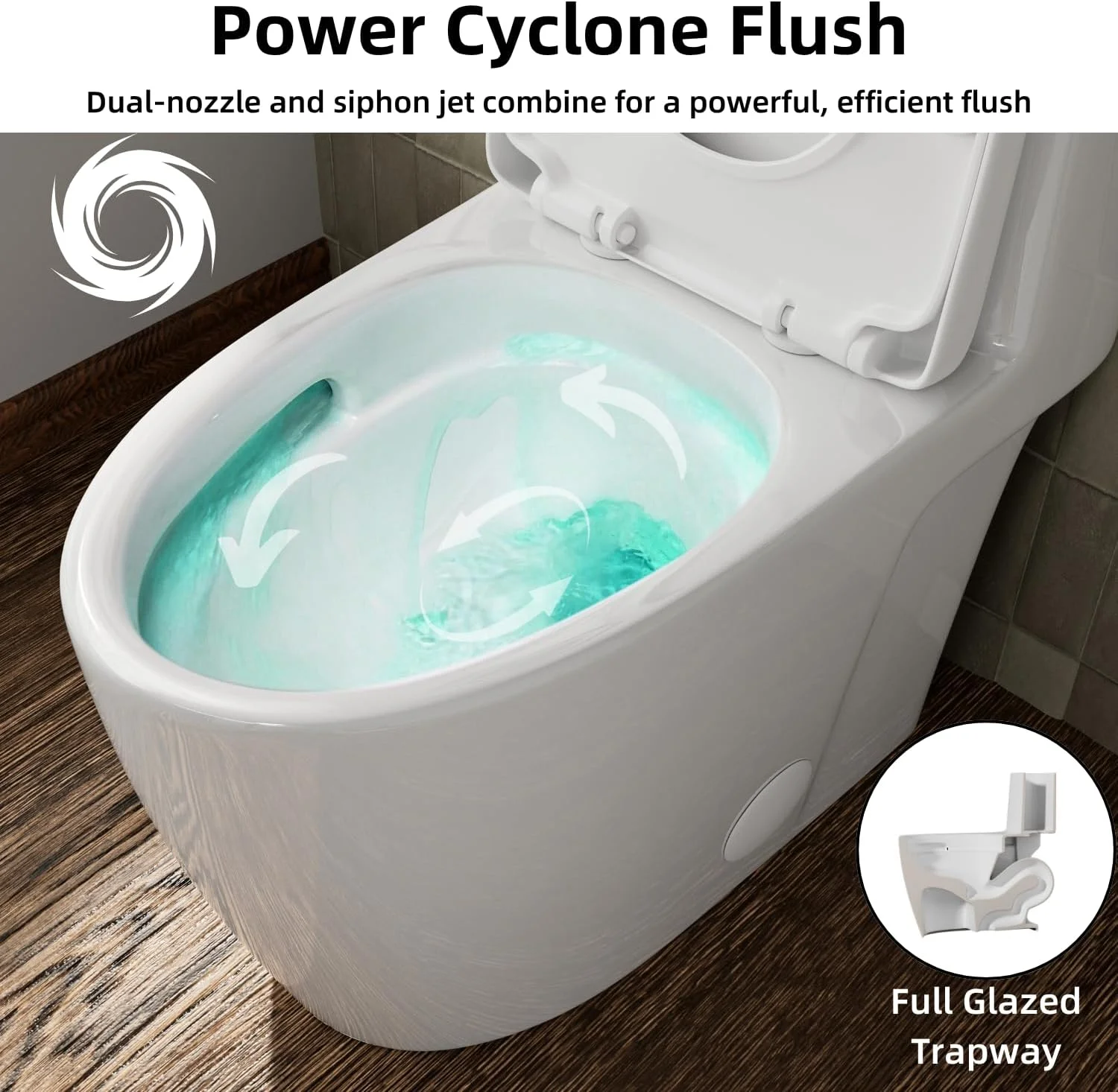 توالت فرنگی یک تکه 17.3 اینچی با طراحی مدرن و فلاش گردابی بدون لبه، مناسب برای حمام، ارتفاع استاندارد ADA، دو زمانه با حجم 1.0/1.28 گالن در هر فلاش، درب آرام بند و لوله 12 اینچی