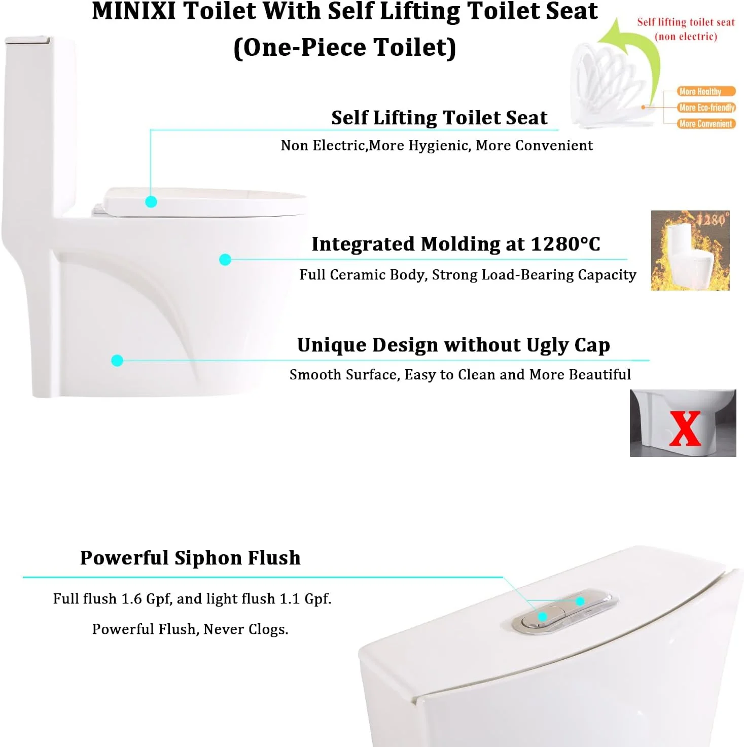 توالت فرنگی مینیکسی با درب بالارونده خودکار، غیر برقی، یک تکه و کشیده، ارتفاع نشیمن صندلی راحت 43 سانتی متر، سیستم تخلیه دوگانه 4 و 6 لیتری، سفید، MNX-001