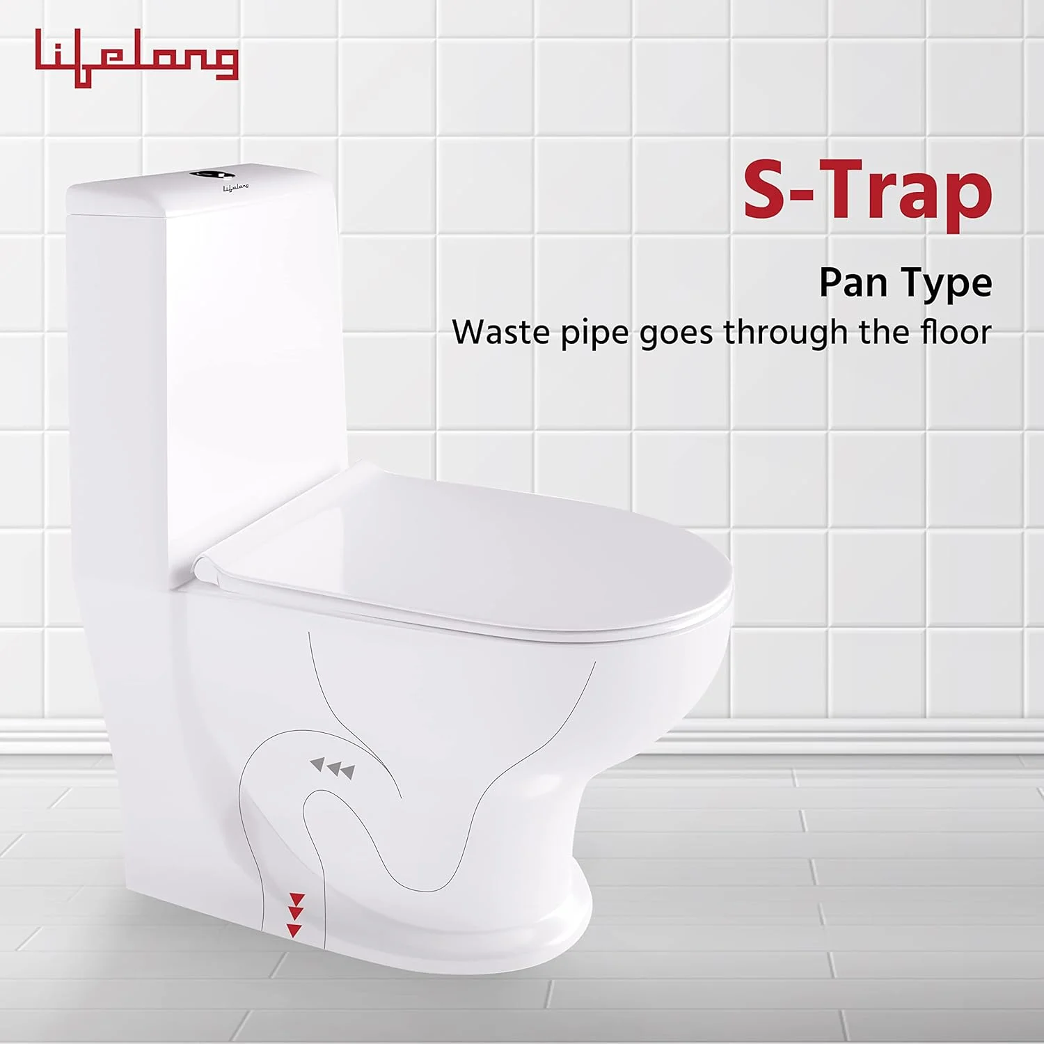 توالت فرنگی یک تکه سرامیکی مدل LLBAWC01 با درب آرام بند مناسب سرویس بهداشتی و لوله تخلیه S-Trap با فاصله 220 میلی متر