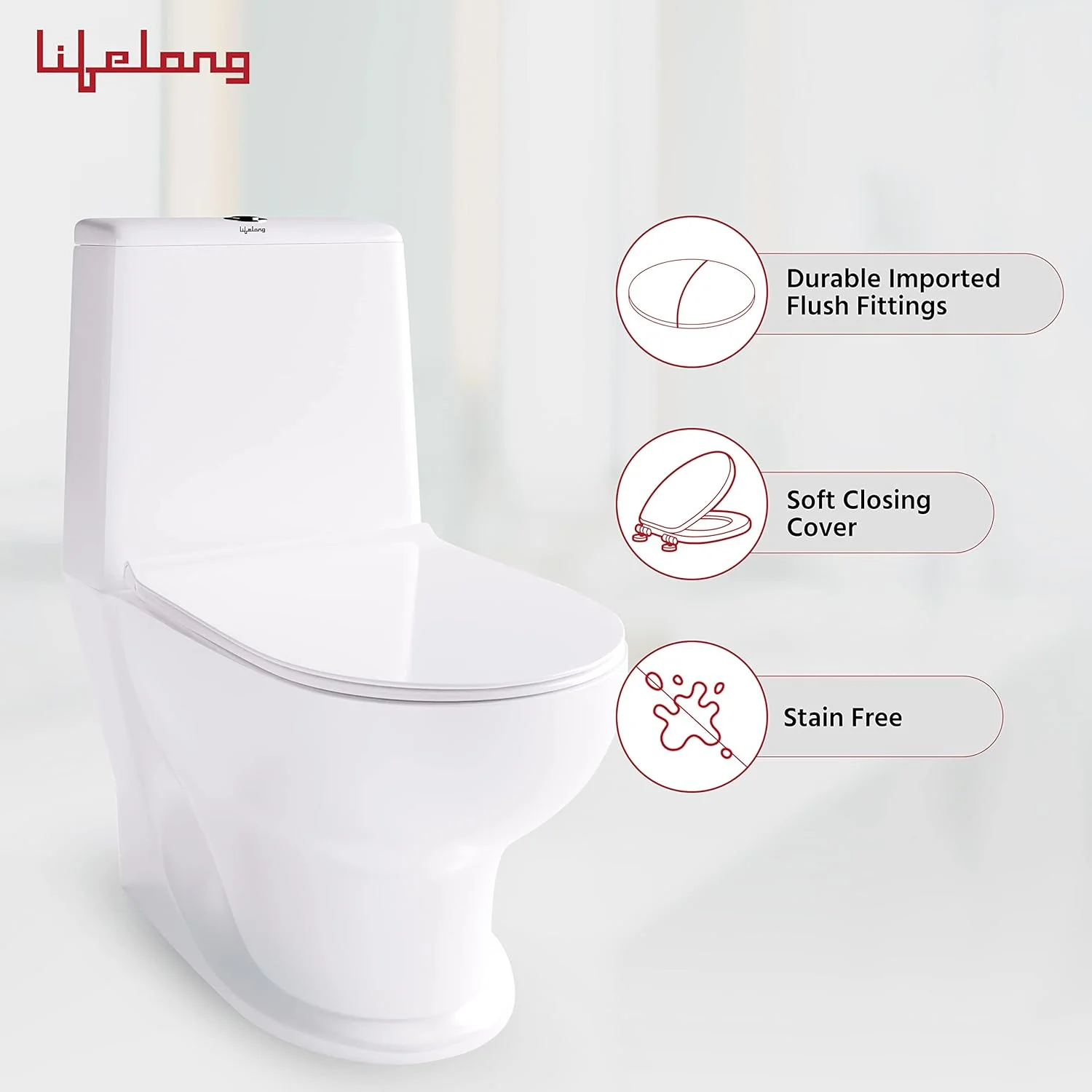 توالت فرنگی یک تکه سرامیکی مدل LLBAWC01 با درب آرام بند مناسب سرویس بهداشتی و لوله تخلیه S-Trap با فاصله 220 میلی متر