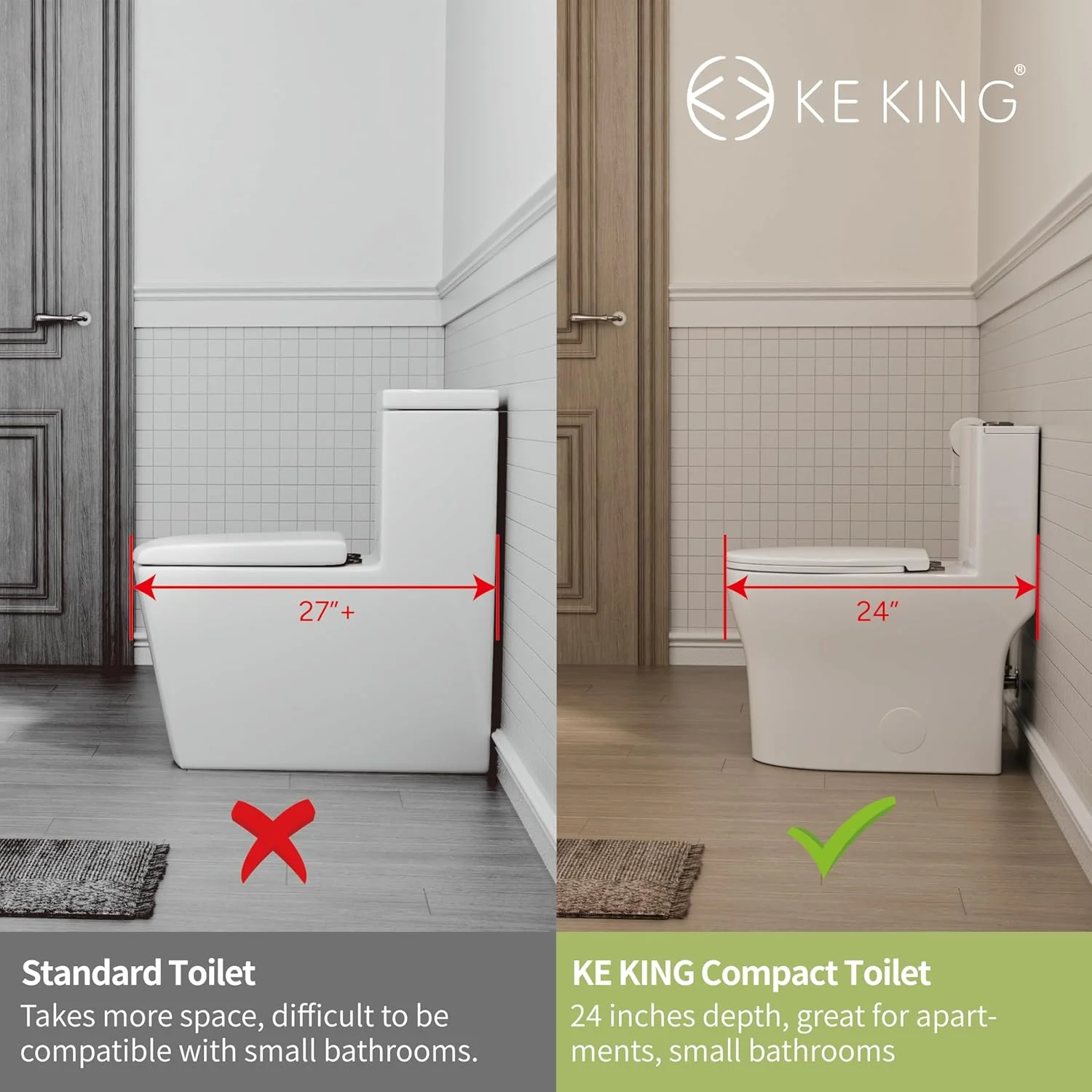 توالت فرنگی یک تکه جمع و جور KE KING، فلاش دوگانه بی صدا و قدرتمند، توالت مدرن برای حمام کوچک، توالت صرفه جویی در فضا با درب آرام بند، توالت با فاصله 12 اینچی از دیوار