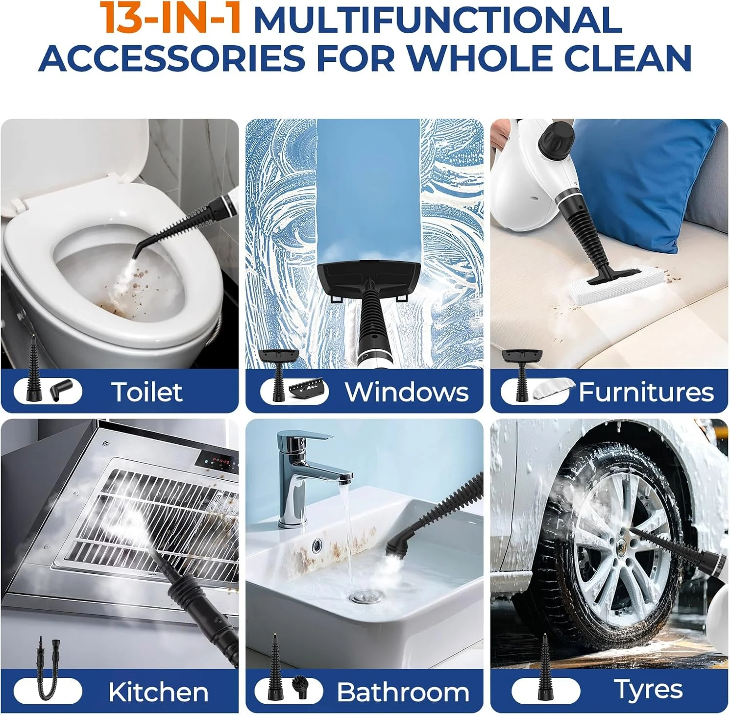 بخارشوی دستی LABIGO، بخارشوی پرفشار چند منظوره با 13 قطعه برای تمیز کردن عمیق و طبیعی، بخارشوی قابل حمل برای تمیز کردن خانه، درز کاشی، آشپزخانه، ماشین، پنجره، روکش، حمام و لباس، سفید بخارشوی دستی LABIGO، بخارشوی پرفشار چند منظوره با 13 قطعه برای تمیز کردن عمیق و طبیعی، بخارشوی قابل حمل برای تمیز کردن خانه، درز کاشی، آشپزخانه، ماشین، پنجره، روکش، حمام و لباس، سفید