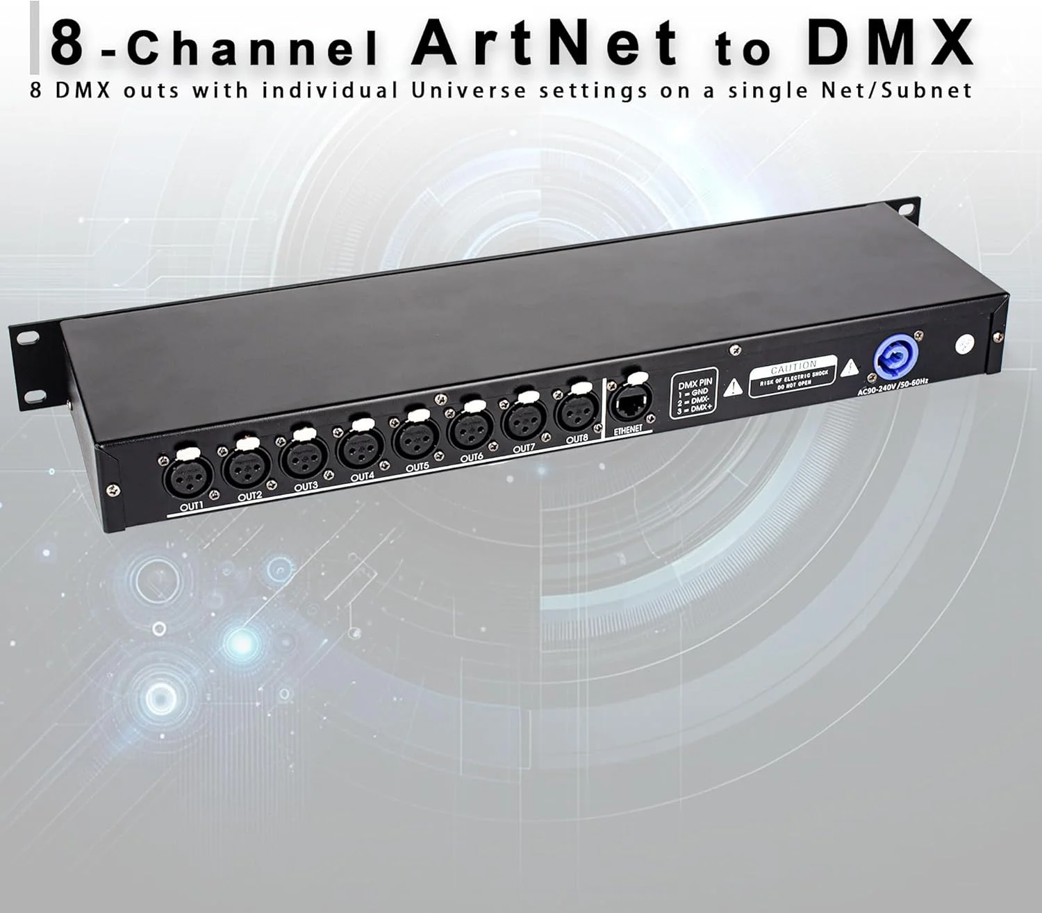 اینترفیس کنترلر نورپردازی اترنت Pknight ArtNet DMX، نصب رَک 1U 19 اینچی، گره خروجی Art-Net به DMX512 با 8 یونیورس (بدون RDM)