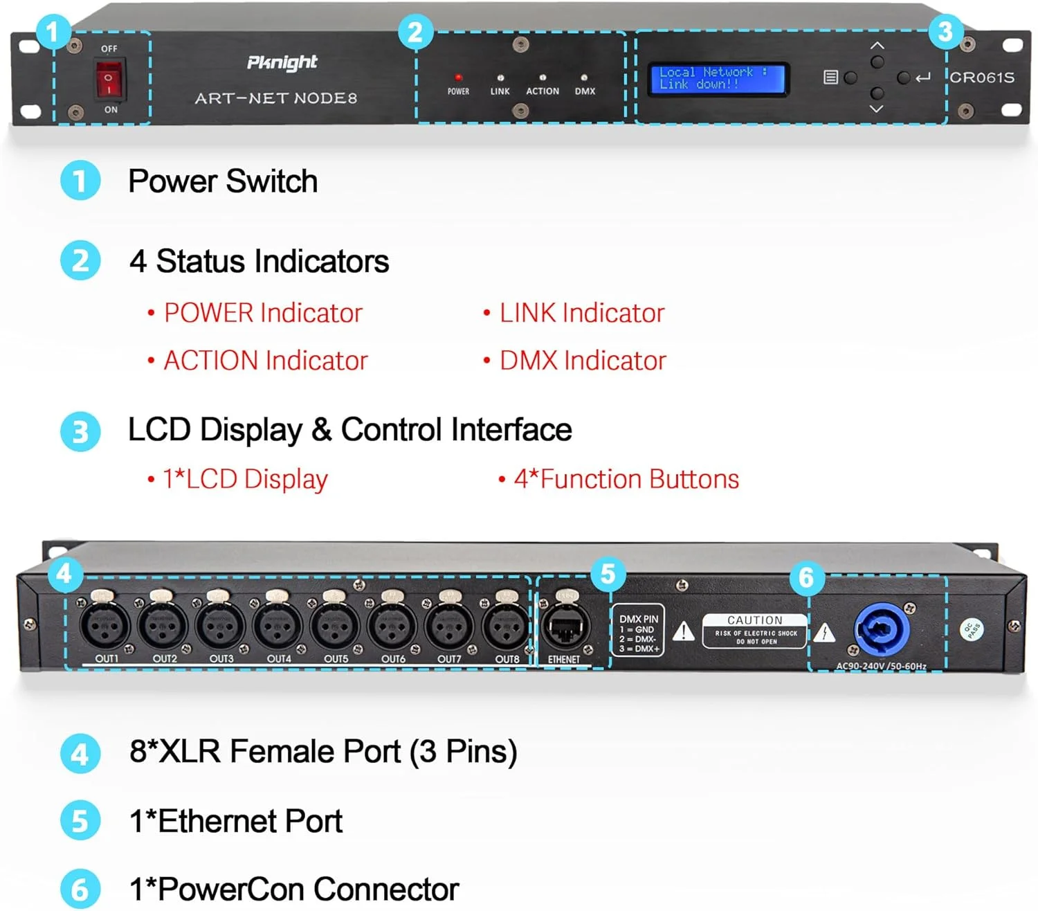 اینترفیس کنترلر نورپردازی اترنت Pknight ArtNet DMX، نصب رَک 1U 19 اینچی، گره خروجی Art-Net به DMX512 با 8 یونیورس (بدون RDM)