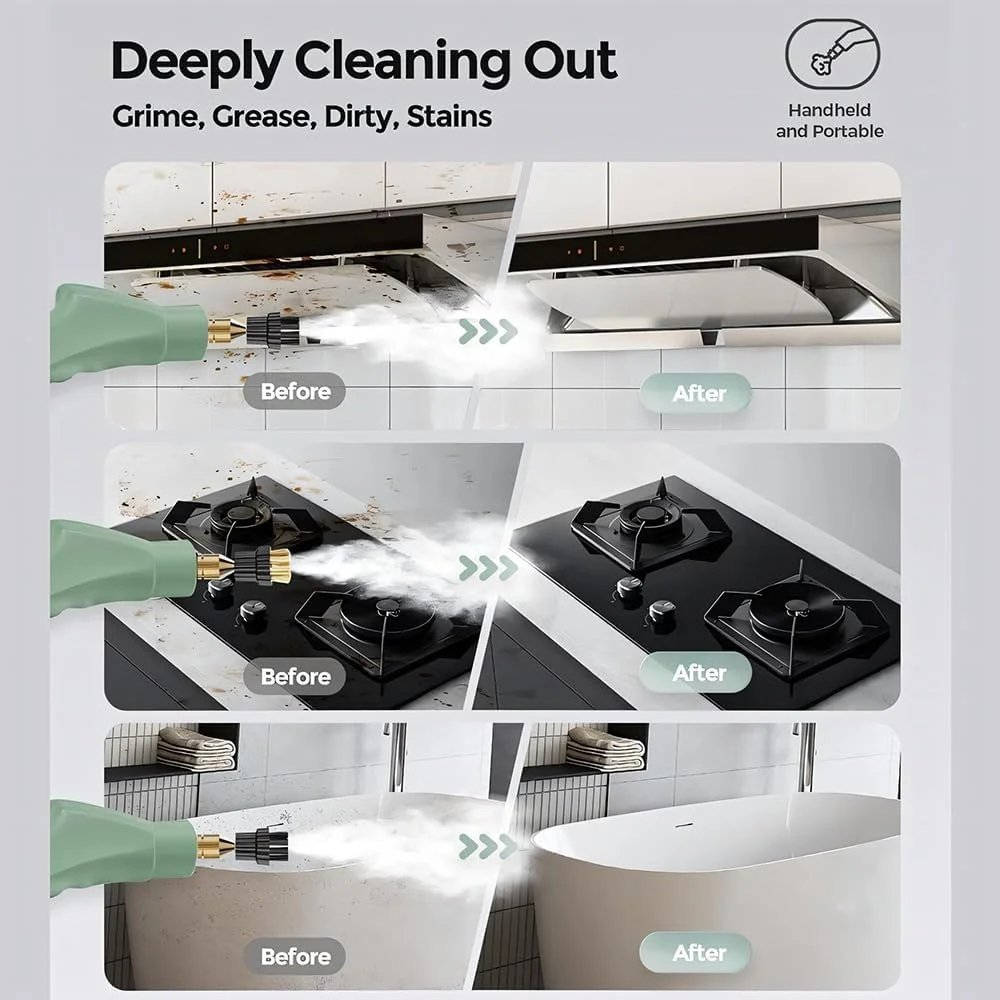 بخارشوی دستی MOTIM، بخارشوی قابل حمل Saker برای تمیزکاری، فشار قوی 2500 وات 105 درجه سانتیگراد، شامل نازل و 3 برس - مناسب برای آلودگی های خانه، کاشی، ماشین، آشپزخانه (تک کنترل - سبز) بخارشوی دستی MOTIM، بخارشوی قابل حمل Saker برای تمیزکاری، فشار قوی 2500 وات 105 درجه سانتیگراد، شامل نازل و 3 برس - مناسب برای آلودگی های خانه، کاشی، ماشین، آشپزخانه (تک کنترل - سبز)